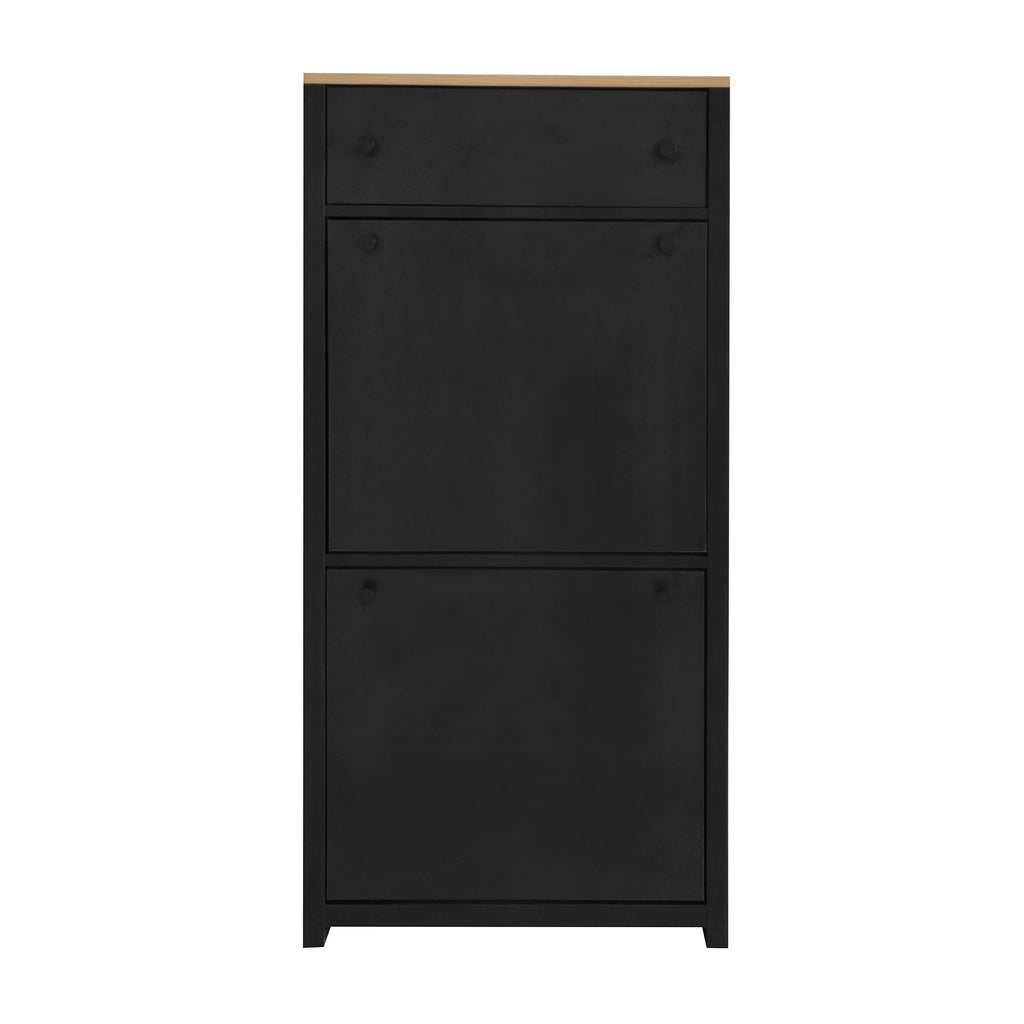 ON-TREND Functional Entryway Organizer with 2 Flip Drawers, Wood Grain Pattern Top Shoe Cabinet with Drawer, Free Standing Shoe Rack with Adjustable Panel for Hallway, Black