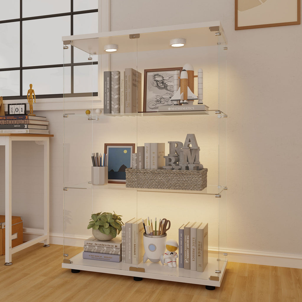 Tempered Glass Display Cabinet,Wine Cabinet,storage Cabinet,File Cabinet,with Battery-powered paipai light,Adjustable Floor Feet,Suitable for uneven ground,Can be placed anywhere,color:white