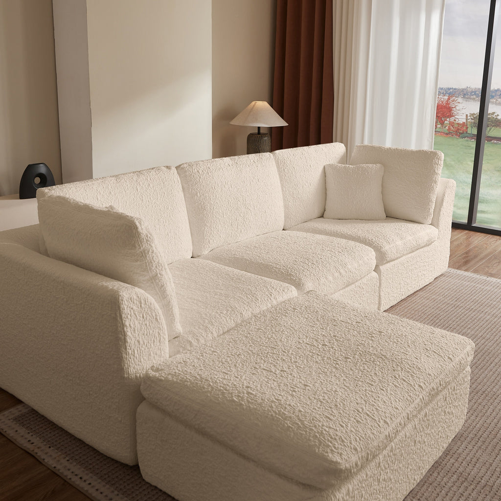 Cloud Style L-Shape Modular Sectional Sofa with Ottoman, 3 Seater Convertible Couch in Warm White Beige, Chenille Fabric, 110 Inch