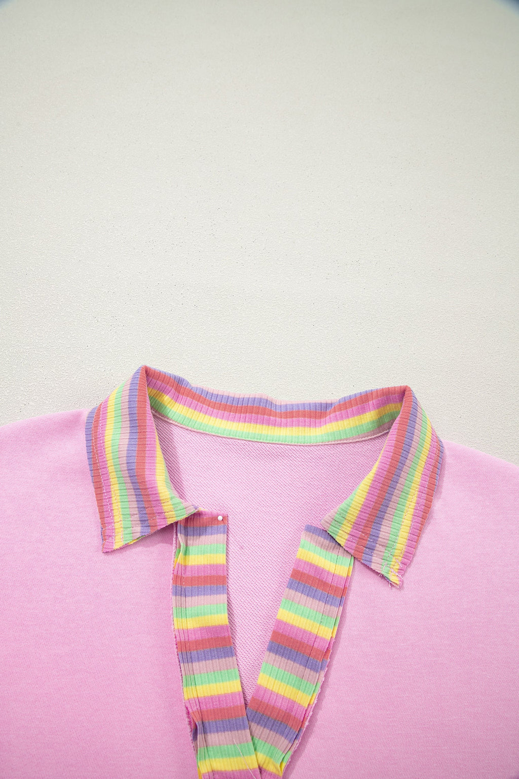 Rainbow Stripe Ribbed Patchwork Oversize Polo Tee