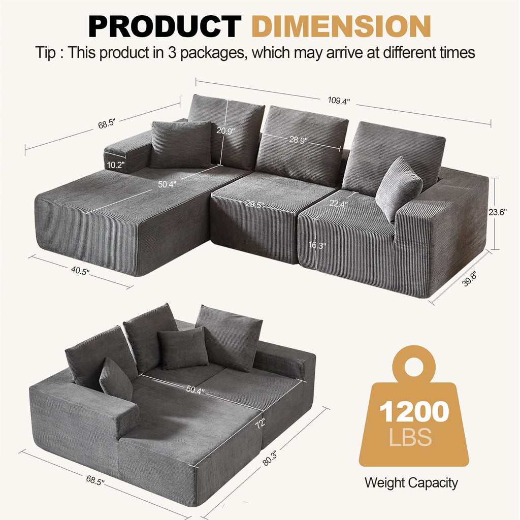 Modular Sectional Sofa with Chaise, Modern L Shaped Cloud Couch with Deep Seat, Sectional Couches for Living Room, Bedroom, Office, No Assembly Required