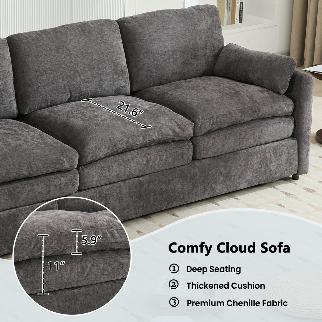 Cozy Upholstered Oversized 3-Seater Cloud Sofa with Double Cushion in Grey Chenille