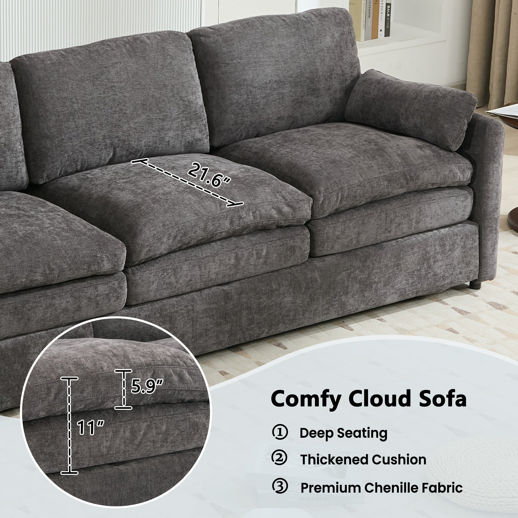 Cozy Upholstered Oversized 3-Seater Cloud Sofa with Double Cushion in Grey Chenille