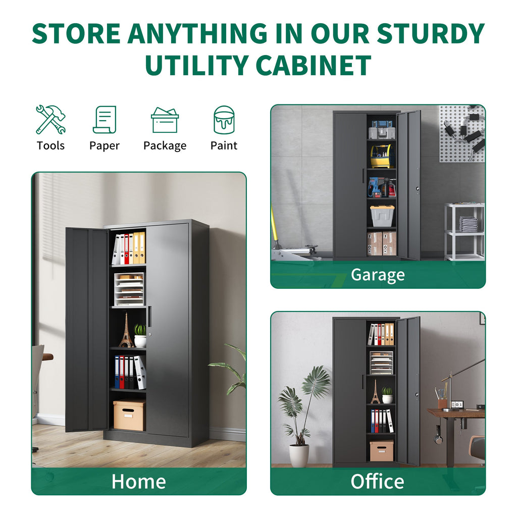 Heavy Metal 72'H Garage Storage Cabinet with Locking Doors, Black Steel, Adjustable Shelves