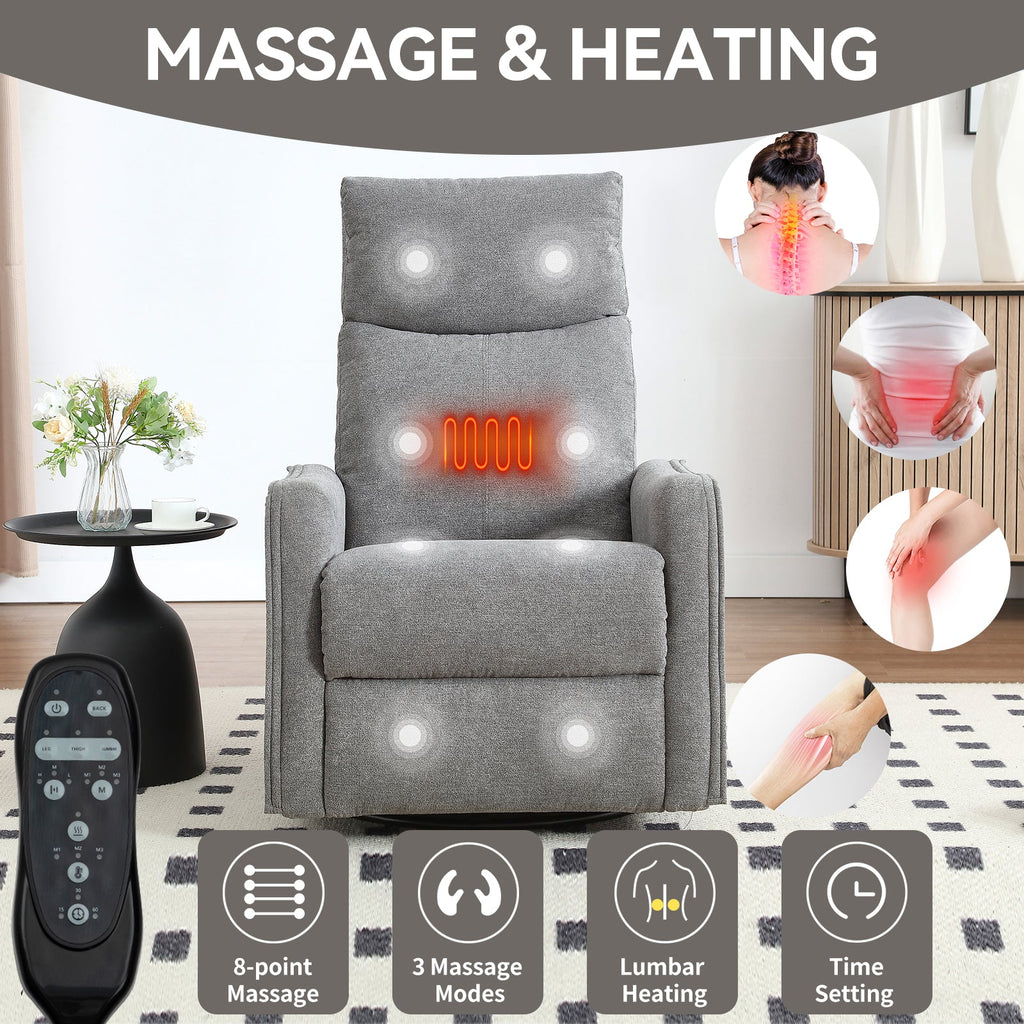 Heat Massage Manual Recliner Chair with Rocker and Swivel in Fabric for Living Room, Grey