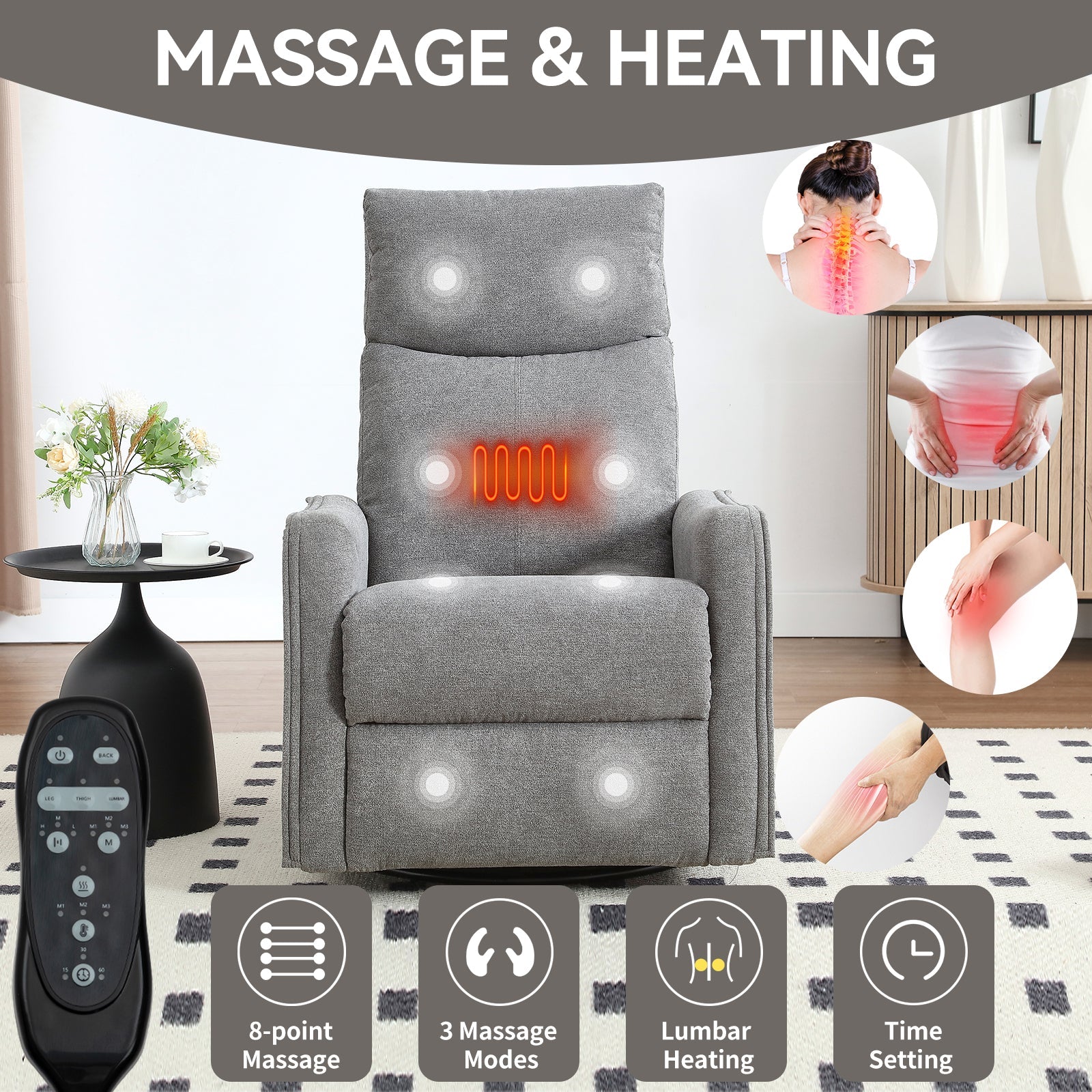 Heat Massage Manual Recliner Chair with Rocker and Swivel in Fabric for Living Room, Grey