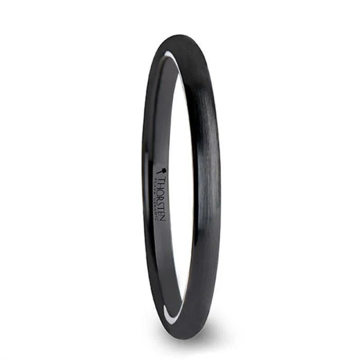 AUTUMN Black Domed Brush-Finished Ceramic Wedding Ring for Ladies – 2 mm