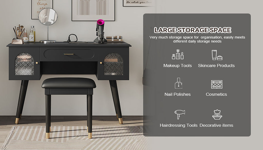 Elegant Vanity Makeup Table & Chair Set, Modern Dressing Table with Organizer, Writing Desk, Charging Port, Black