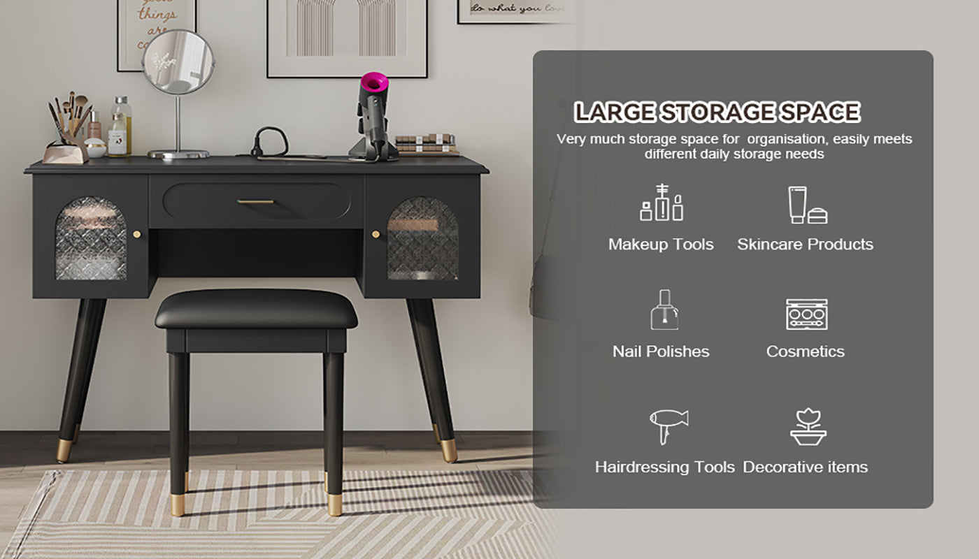Elegant Vanity Makeup Table & Chair Set, Modern Dressing Table with Organizer, Writing Desk, Charging Port, Black