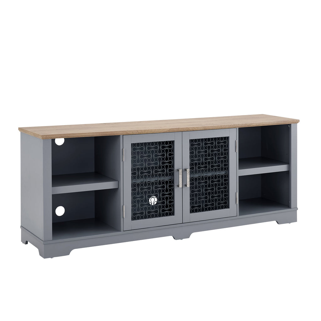 Modern Farmhouse TV Media Stand, Large Home Entertainment Console, for TV Up to 80'', with Open Shelves and Glass Door Cabinets, Light Blue and Light Oak, 70'W*15.55'D*26.85'H