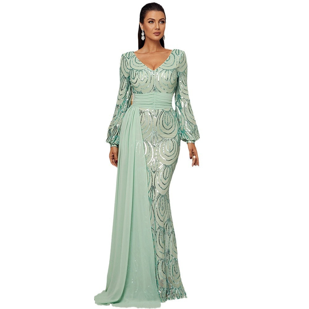 Long Sleeve Sexy Long Sequined V-neck Banquet Ribbon Evening Dress (See size chart where applicable)