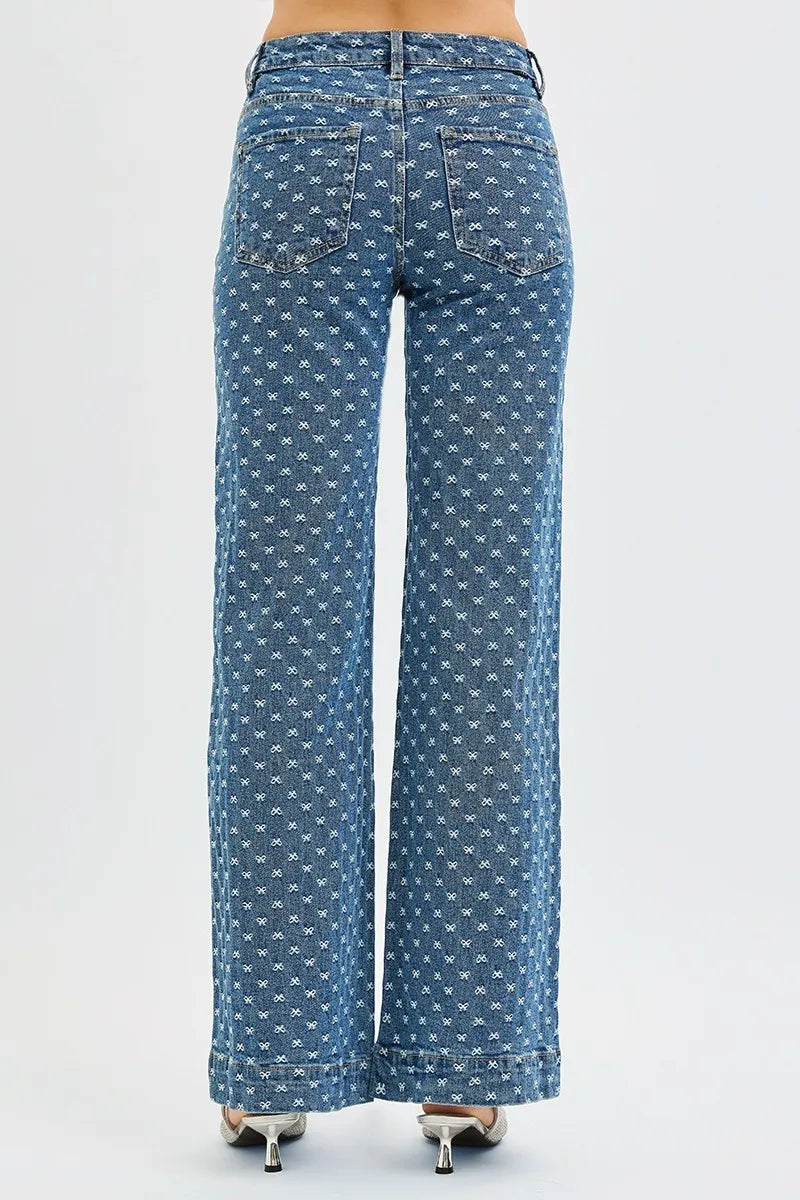Risen High Rise Wide Leg Bow Embroidered Jeans For Women