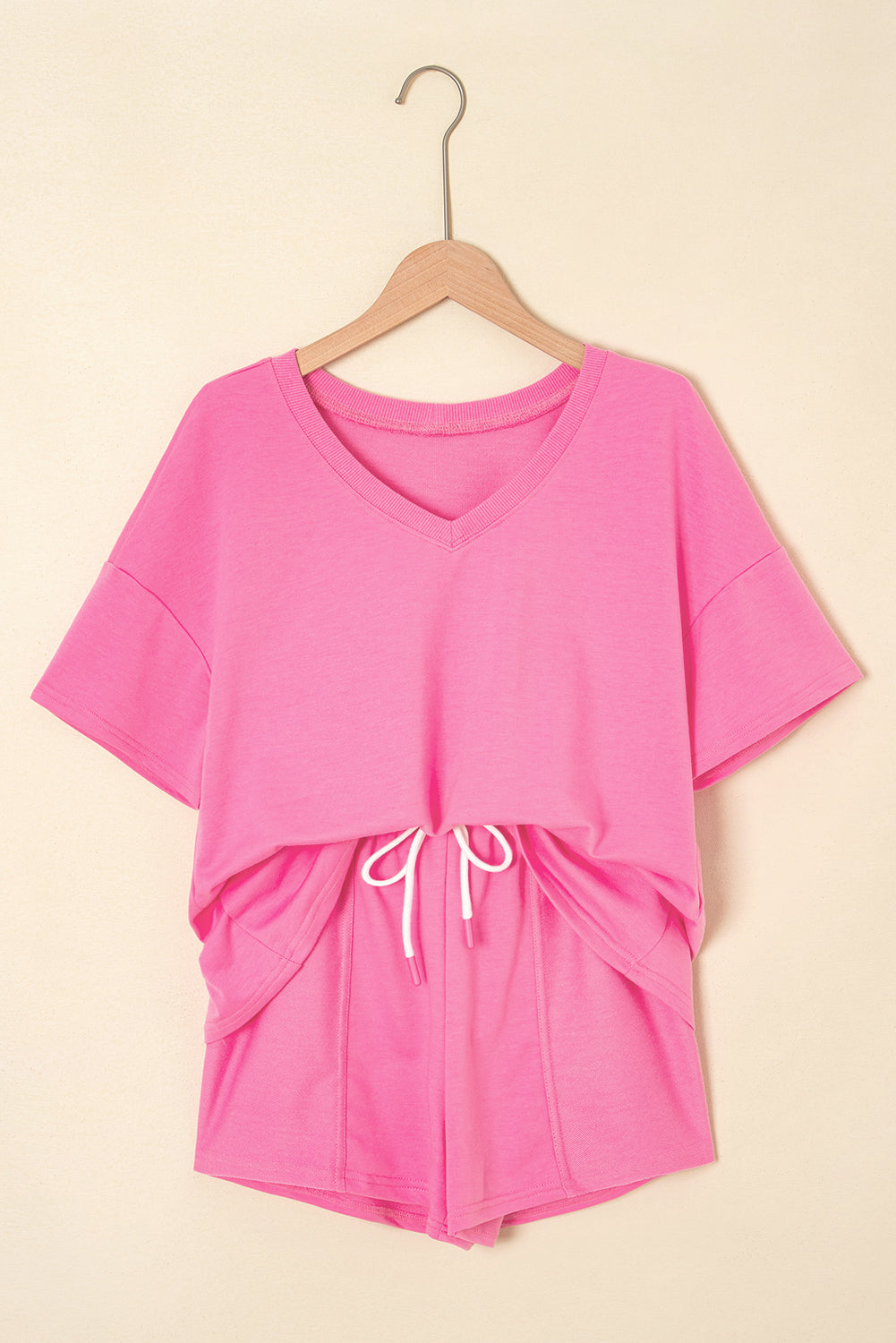 Women's V-neck Drop Shoulder Tee and Drawstring Shorts Set