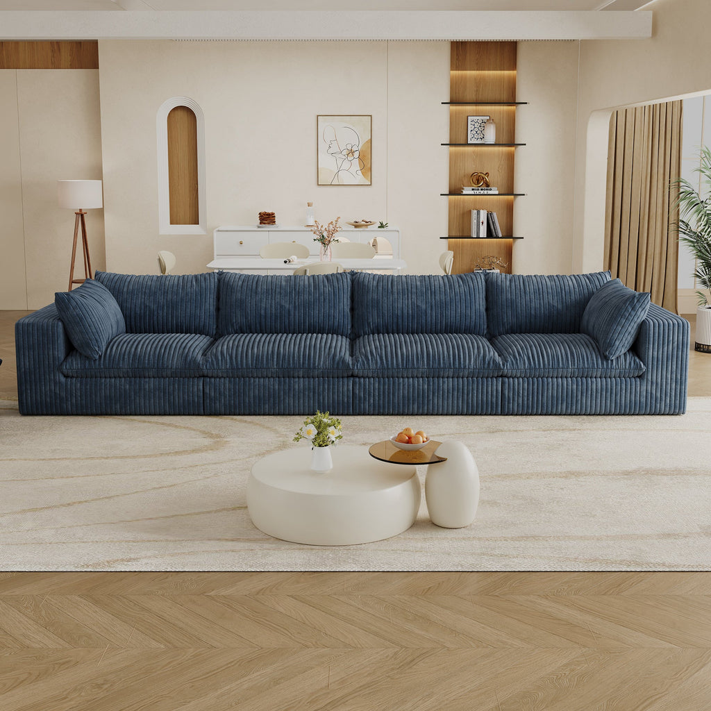 157.6'Cloud Sofa,Corduroy Fabric,Deep Seat Couches,Double-layer design,Removable  Cushion,No Assembly,DIY Combination for Living room, Bedroom,Conference room ,Apartment,Blue