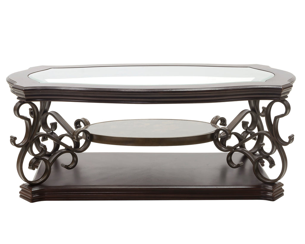 Cocktail Table, Glass table top, MDF W/marble paper middle shelf, powder coat finish metal legs. (52'Lx32'Wx20.3'H)