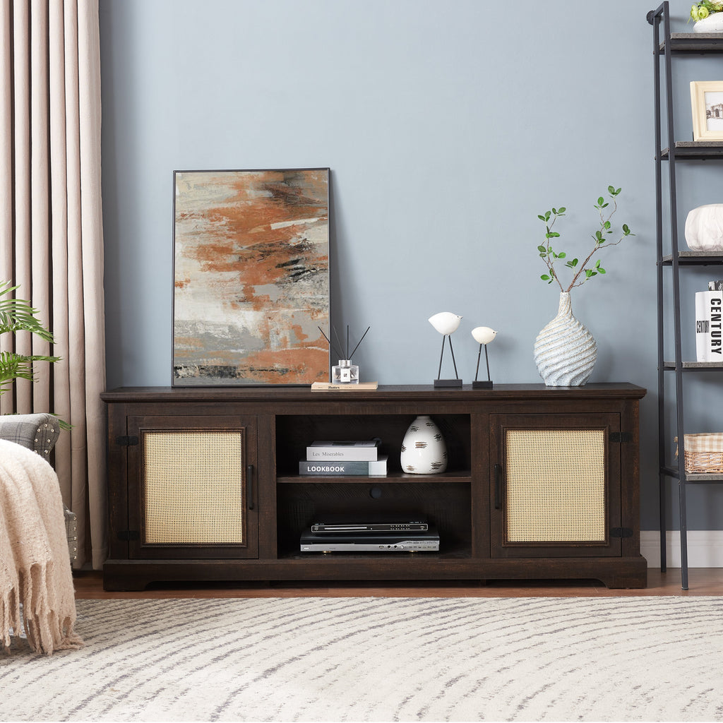 Farmhouse Rattan TV Stand Console Table for TVs up to 70 Inches, TV Console Table with 2 Storage Shelves, 2 Natural Rattan Door Cabinets, 65'W*15.55'D*23.86'H, Espresso
