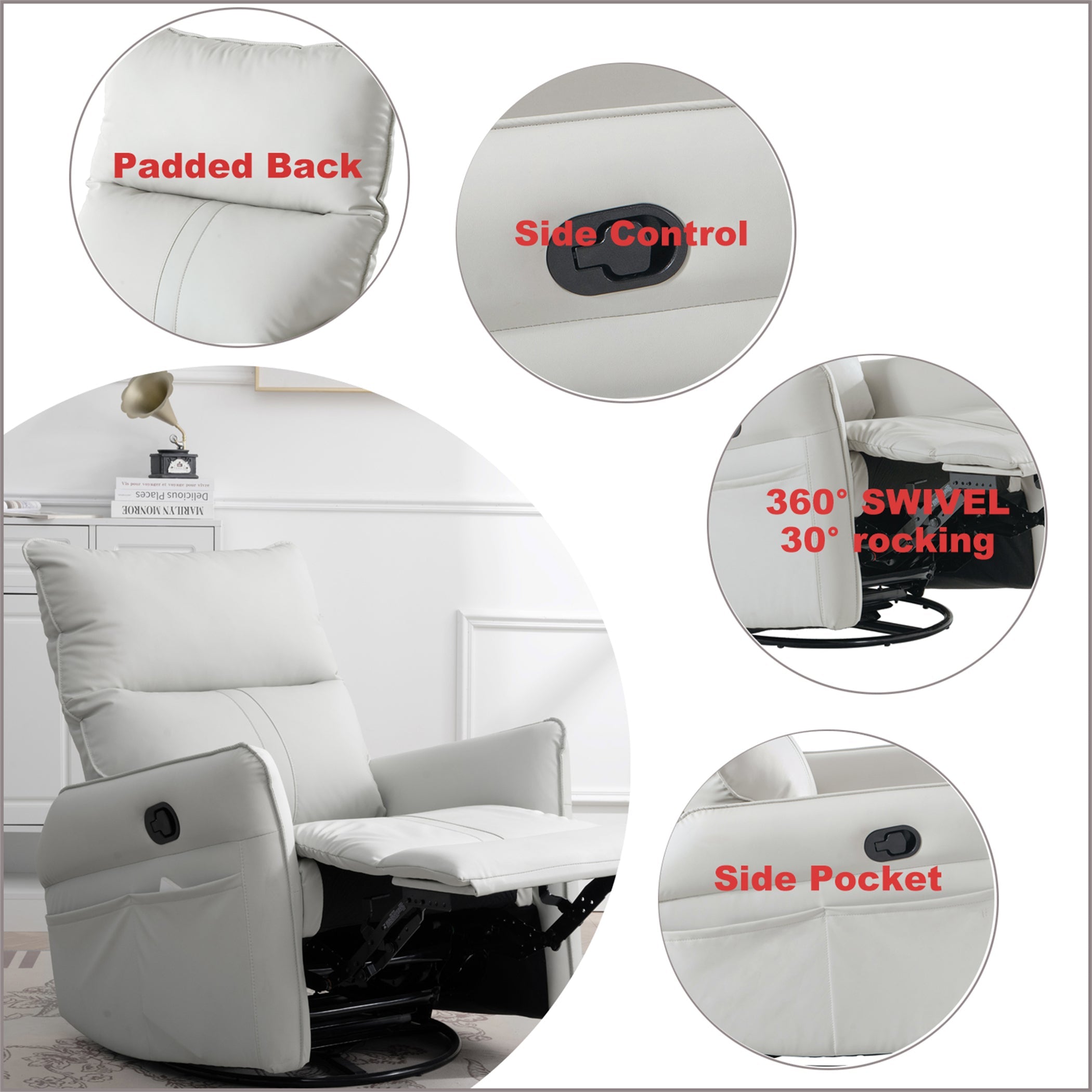 PU Rocking Recliner Chair, 360° Swivel Nursery Rocking Chair, Glider Chair, Modern Small Rocking Swivel Recliner Chair, Home Theater Seating, Side Pocket (Light Gray+360° Swivel)