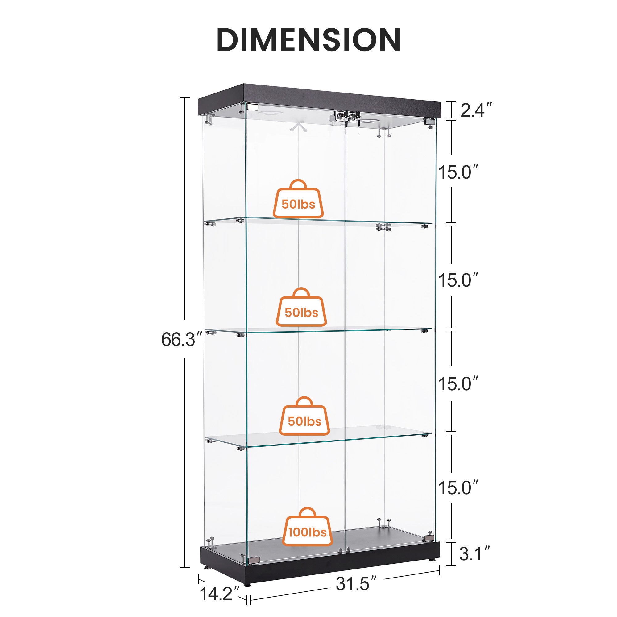 4-Tier Glass Display Cabinet, Double Door Glass Cabinet, Four Partitions, Two Locks, Floor Standing Storage Cabinet for Living Room, Bedroom, Showroom and Office, Black, 31.5'L x 14.2'W x 66.3'H