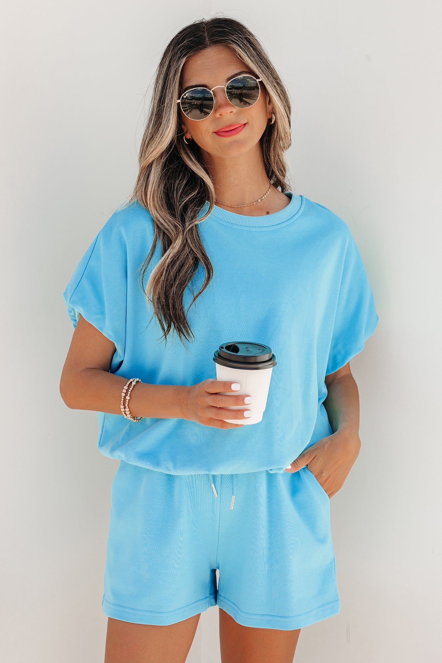 Solid Puff Sleeve Top & Drawstring Shorts Set