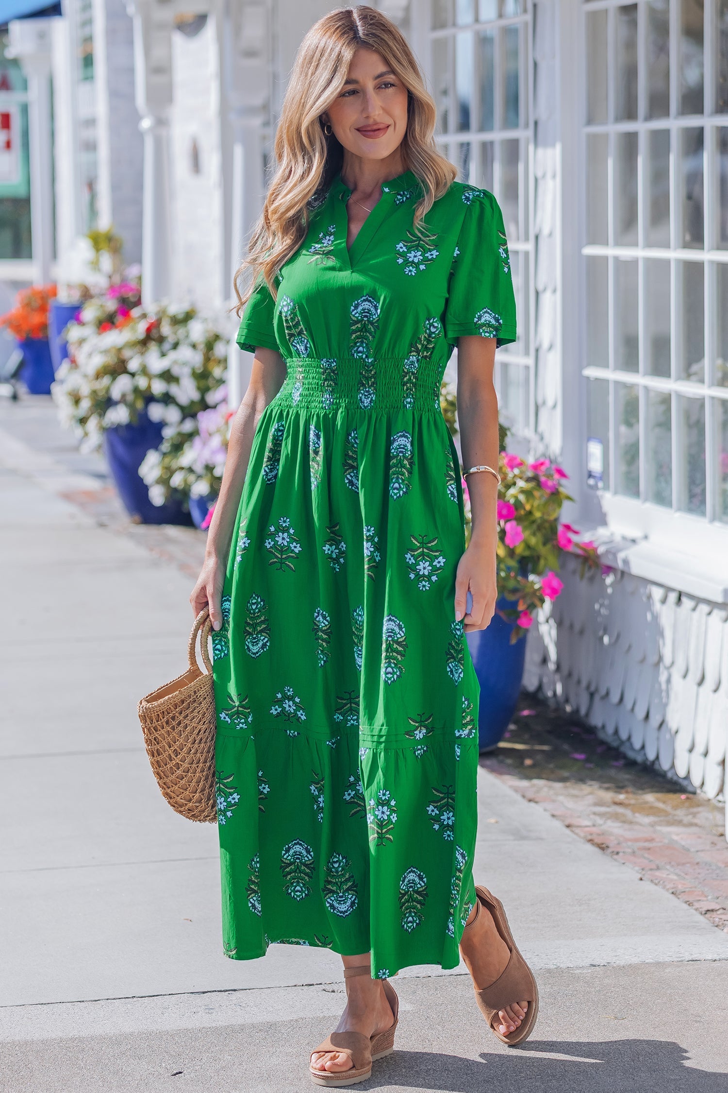 Floral Split Neck Shirred High Waist Maxi Dress