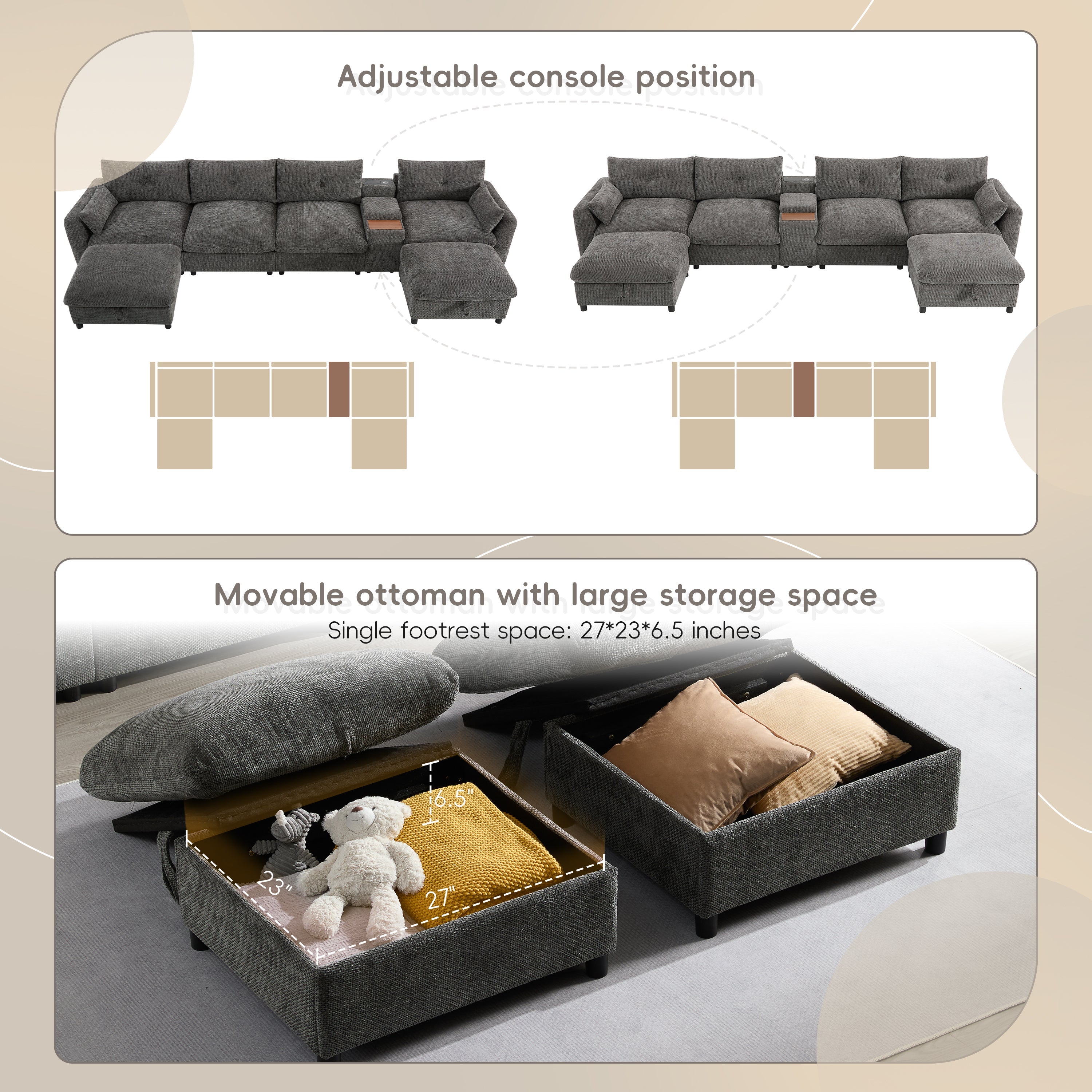 [VIDEO+NEW]142'' Modular Sectional Sofa with Movable Storage Ottoman and Console,Cup Holder,Wide Seat,6 Seat U Shaped Couch,Oversized Chenille Sofa with USB Charger for Living Room,Apartment,2 Colors