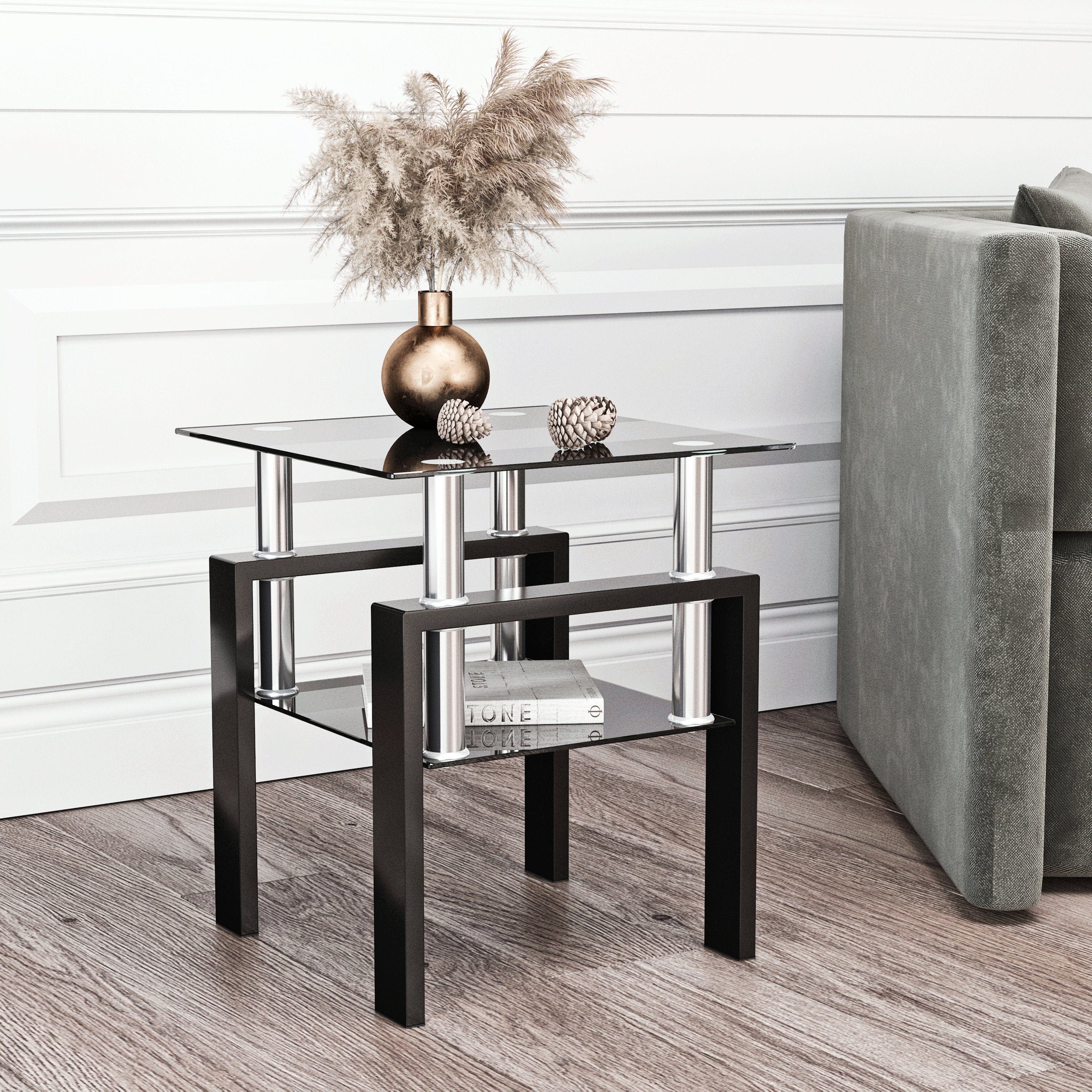 Modern Tempered Glass Tea Table Coffee Table End Table, Black, Square, 1-Piece for Living Room