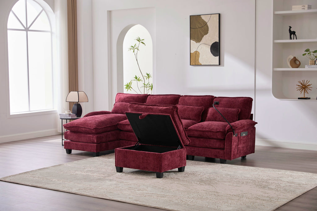 UNITED WE WIN 106' U Shape Sectional Sofa Cloud Couch for Living Room, Upholstery Comfy Modular Sofas, 4 Seat Chenille U-Shaped Sleeper Sofa with Chaise Lounge, Ottoman & Pillows