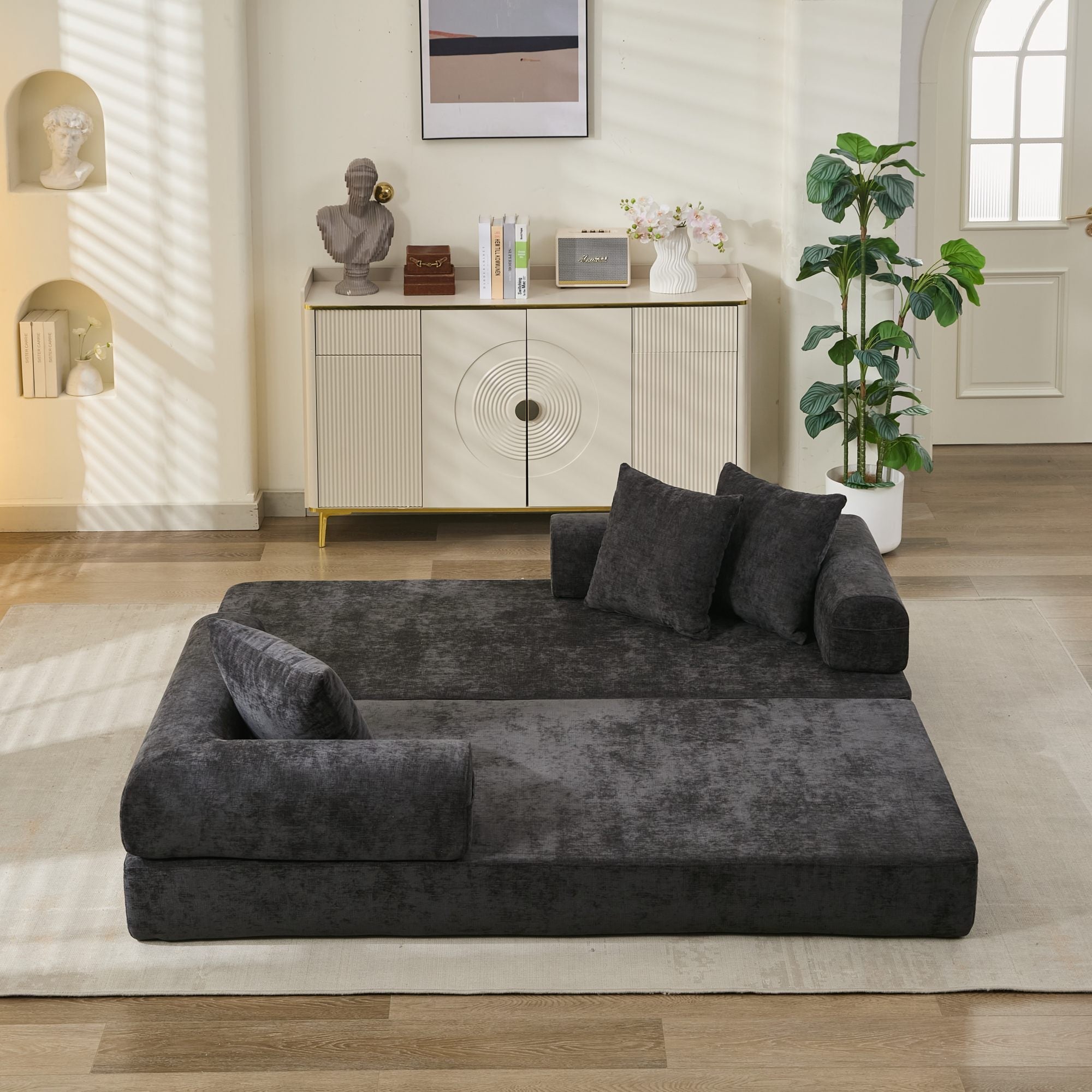 Comfy Convertible Folding Mattress Couch, Floor Sofa Bed, Chenille Floor Sofa with Armrest, Floor Sofa Lounge Couch for Living Room Bedroom Lounge Studio-Black