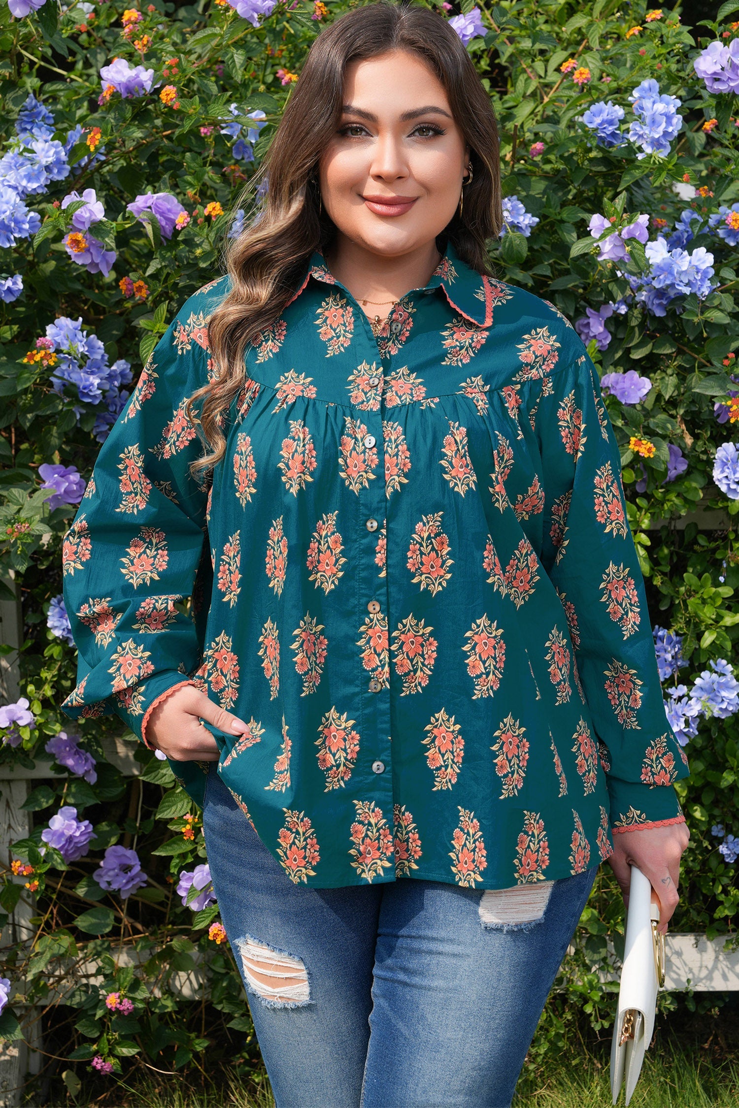 Plus Size Floral Lace Trim Pleated Buttoned Shirt