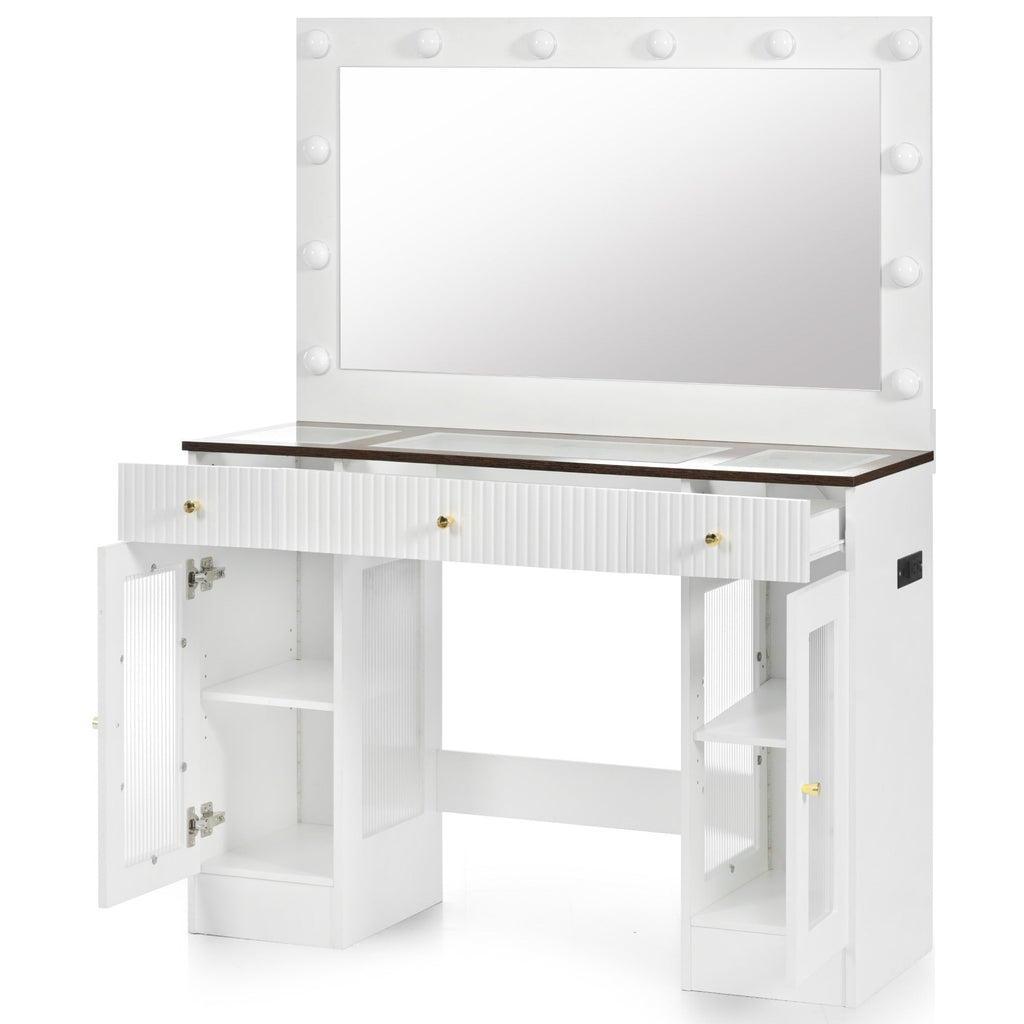 43.3' Vanity Desk with Large Mirror and Hollywood Bulbs, Modern Glass Top Makeup Vanity with Drawers and Power Outlet, Large Dressing Table with 3 Color Lighting Modes & RGB Cabinets for Bedroom
