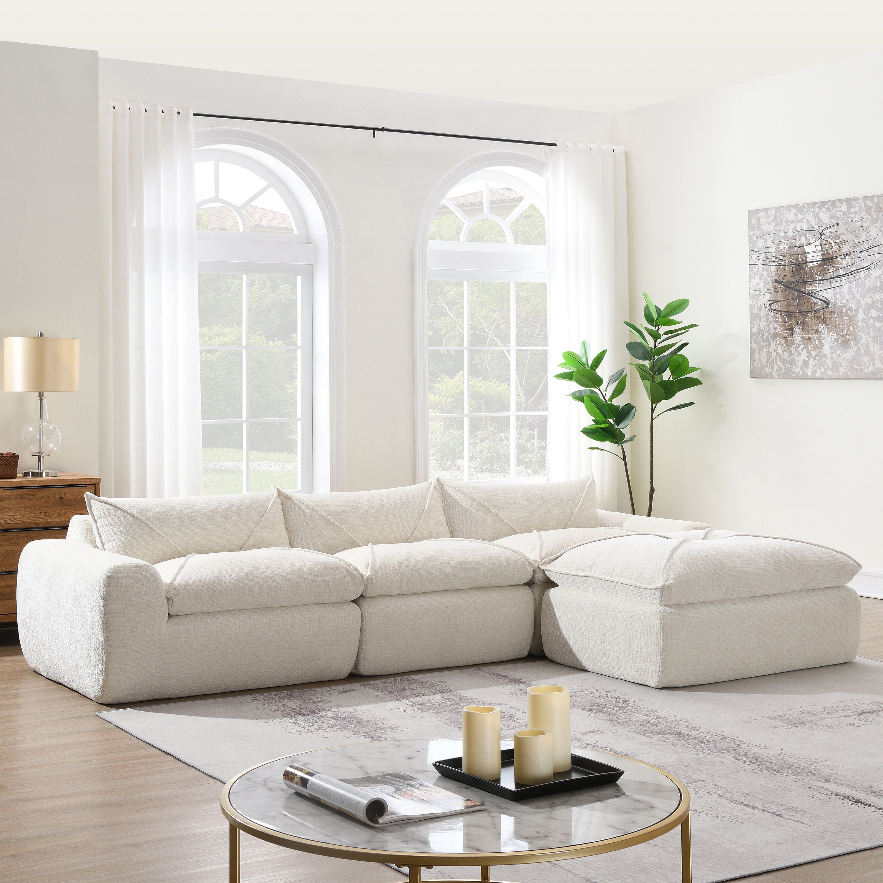 [VIDEO Provided] 116'' Fully Compressed Sofa with High Density Foam, No Assembly Required, Legless Design without Frame, Integrated Backrest and Seat Cushion, Free Combination, Particle Chenille
