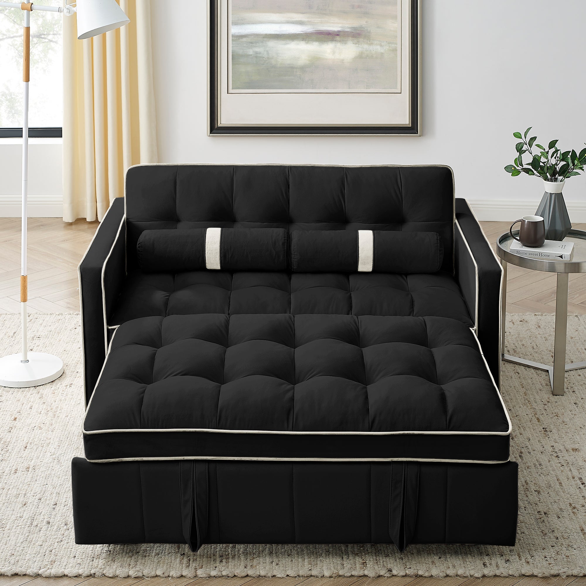 Modern 55.5' Pull Out Sleep Sofa Bed 2 Seater Loveseats Sofa Couch with side pockets, Adjsutable Backrest and Lumbar Pillows for Apartment Office Living Room