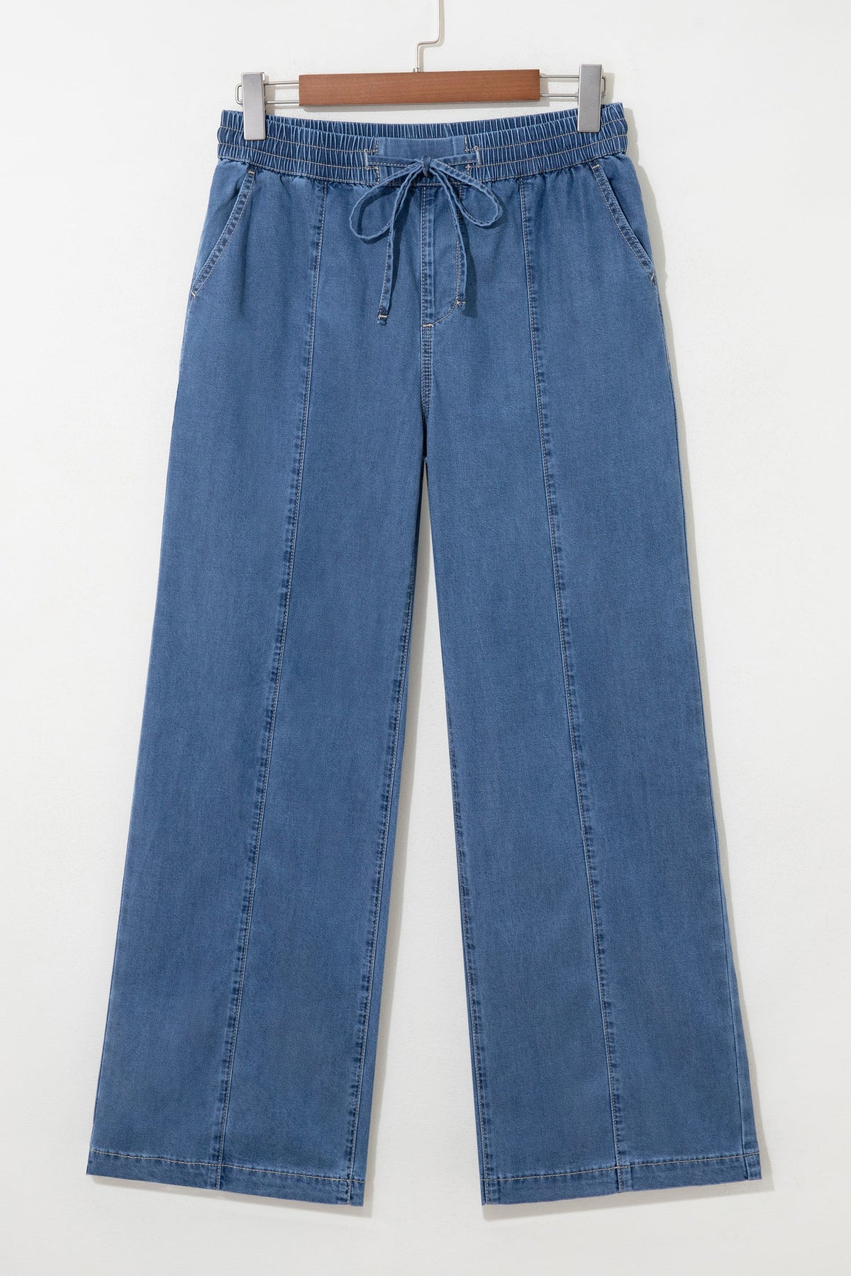 Solid Exposed Seam Drawstring Waist Wide Leg Jeans