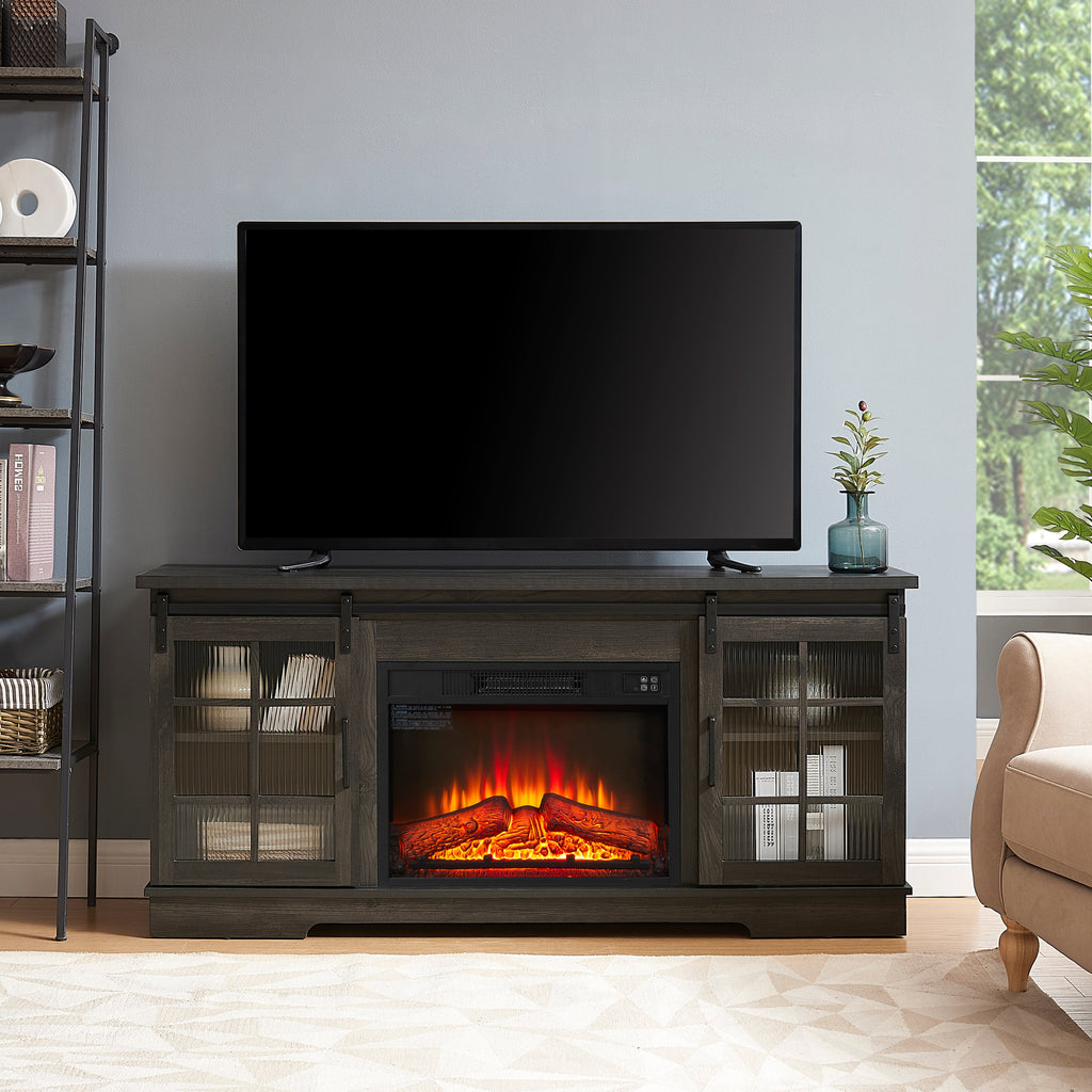 Multipurpose Sliding Door TV Stand Large Storage Cabinet with 2 Sliding Fluted Glass Doors, TV Up to 65'', TV Desk Storage Rack with 23' Fireplace TV Stand, Charcoal GREY, 59.13'W*15.94'D*27.8'H