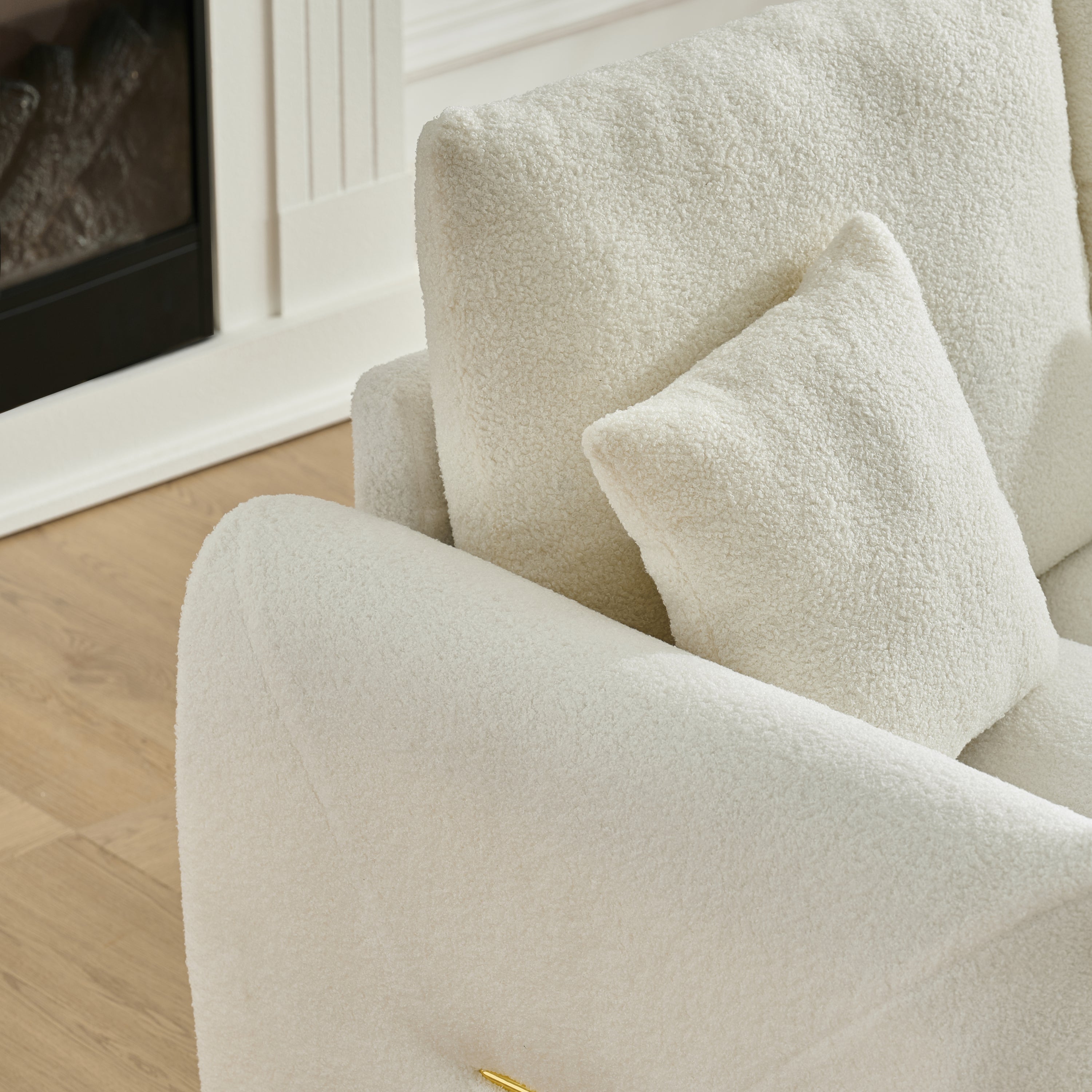 92-inch high-quality teddy fur fabric corner sofa, with USB port, center console and coffee table. A super large cushioned sofa, suitable for grand living rooms, apartments and offices.
