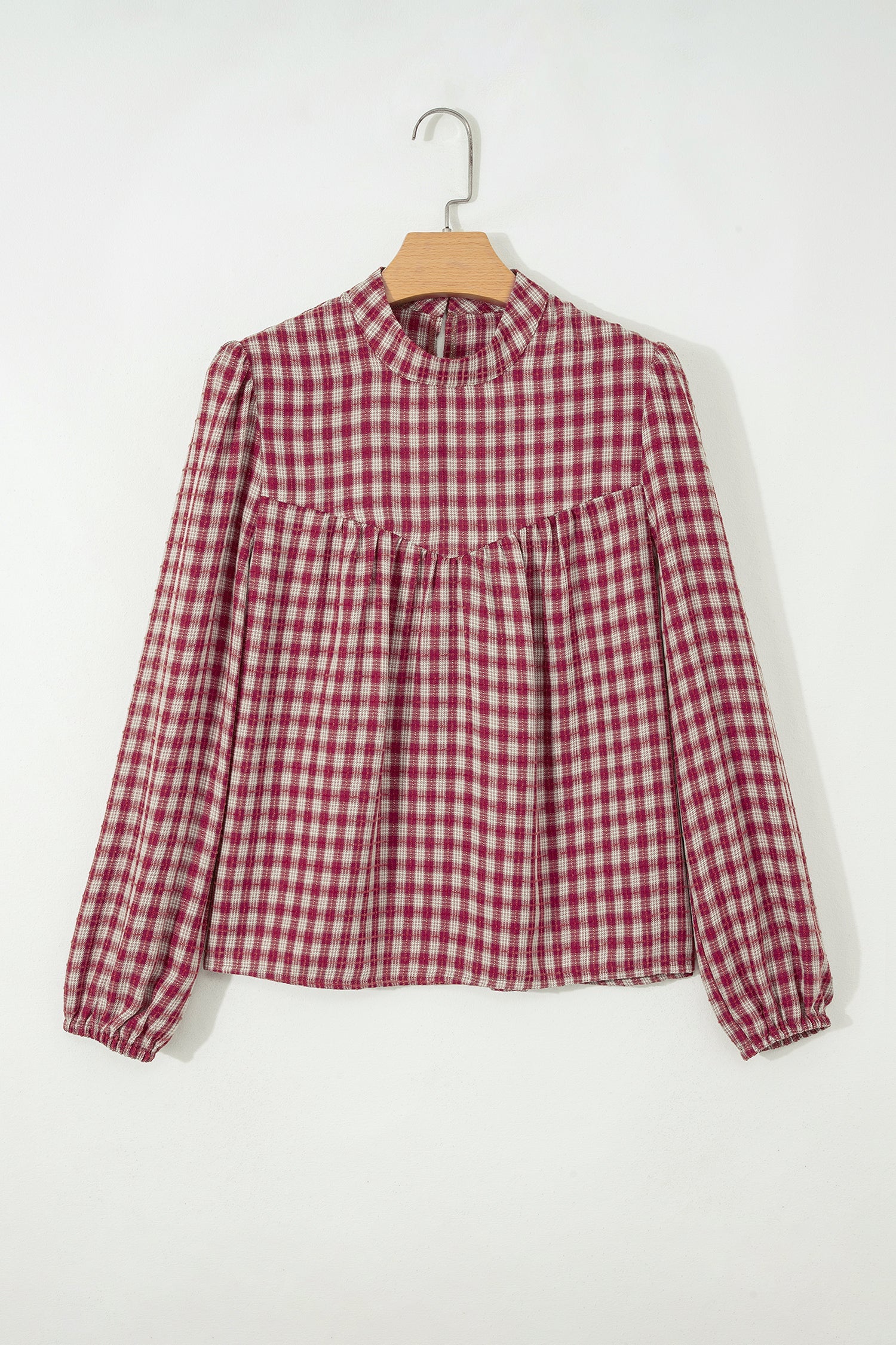 Plaid Button Keyhole Pleated Long Sleeve Blouse