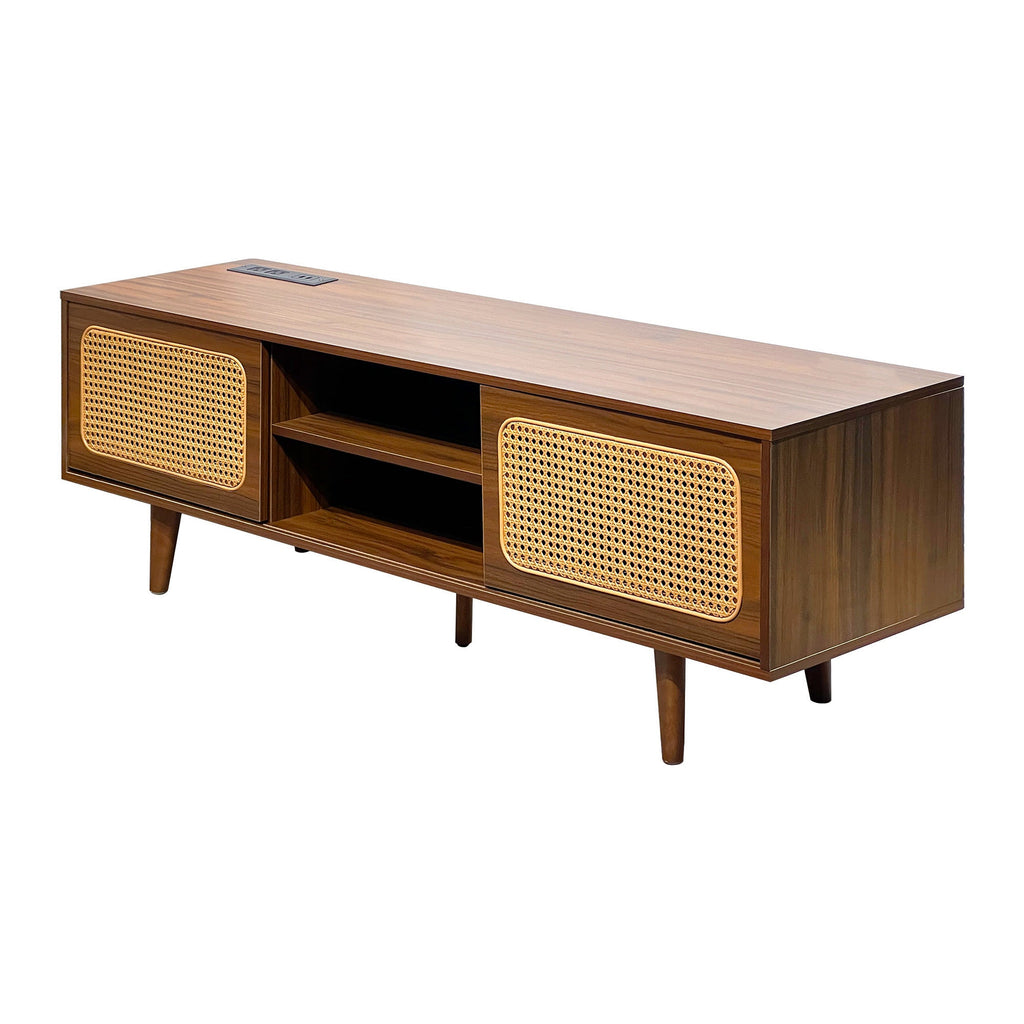 Mid Century Modern Rattan TV Stand for 55/60/65 inch TV , Entertainment Cabinet, Media Console for Living Room Bedroom Media Room, Solid Wood Feet & Rattan Cabinet Doors  (Walnut, 59')