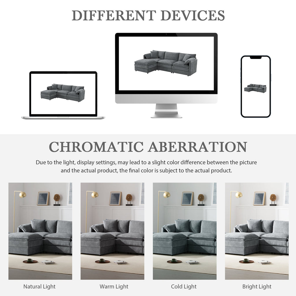 Chenille Modular Sectional Sofa with Deep and Wide Seat in Dark Gray, L Shaped Cloud Couch Set with Double Cushions, 4 Seat Sofa with Movable Ottoman