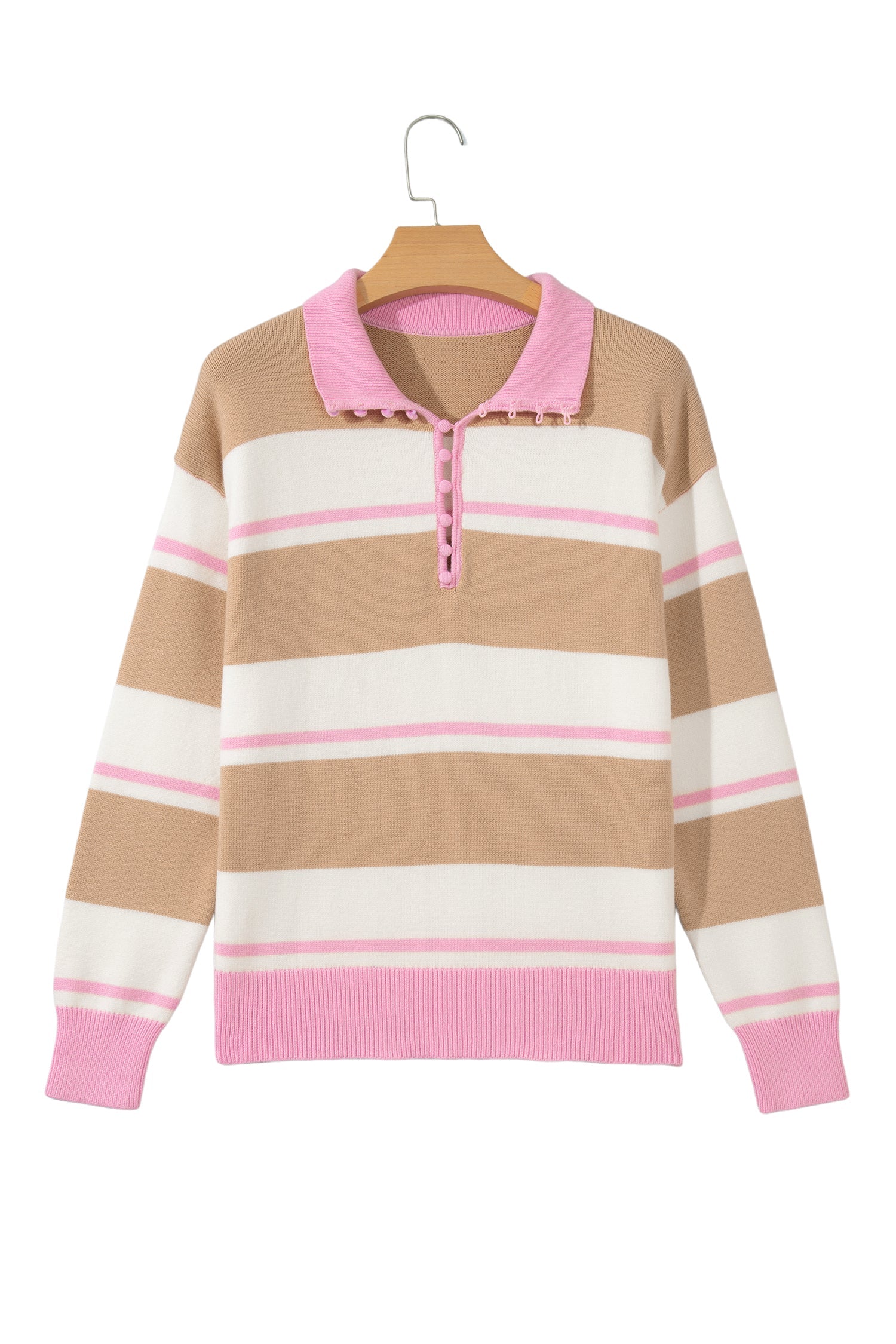 Stripe Colorblock Buttoned Collar Drop Shoulder Sweater