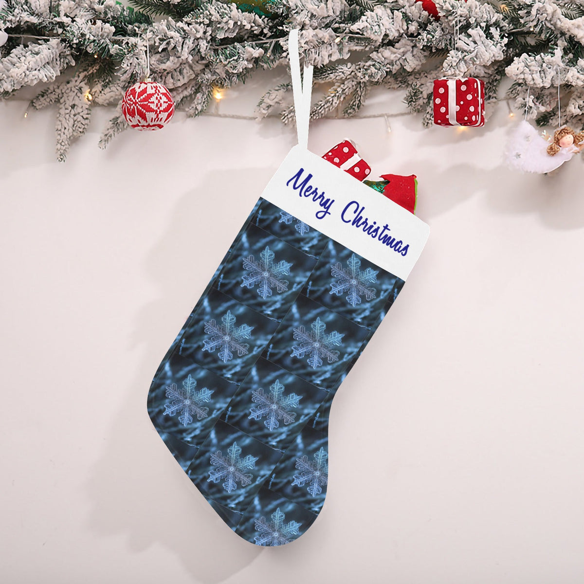 Personalizable Blue Snowflakes Merry Christmas Stocking (Made in USA)