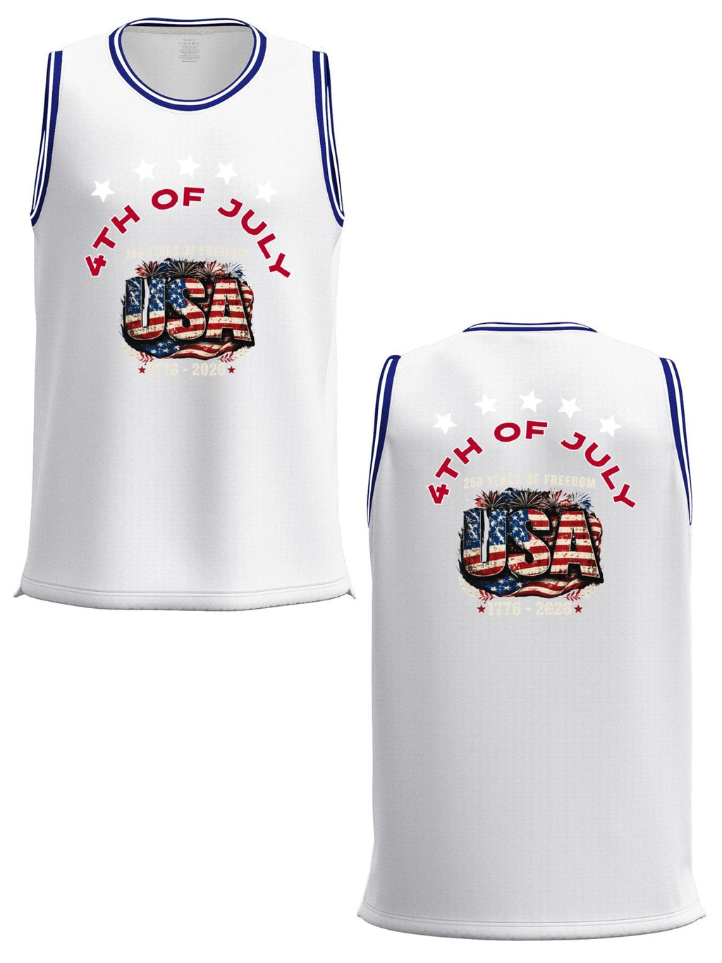 4th of July Adult White with Blue Trim Basketball Uniform | Ships From USA