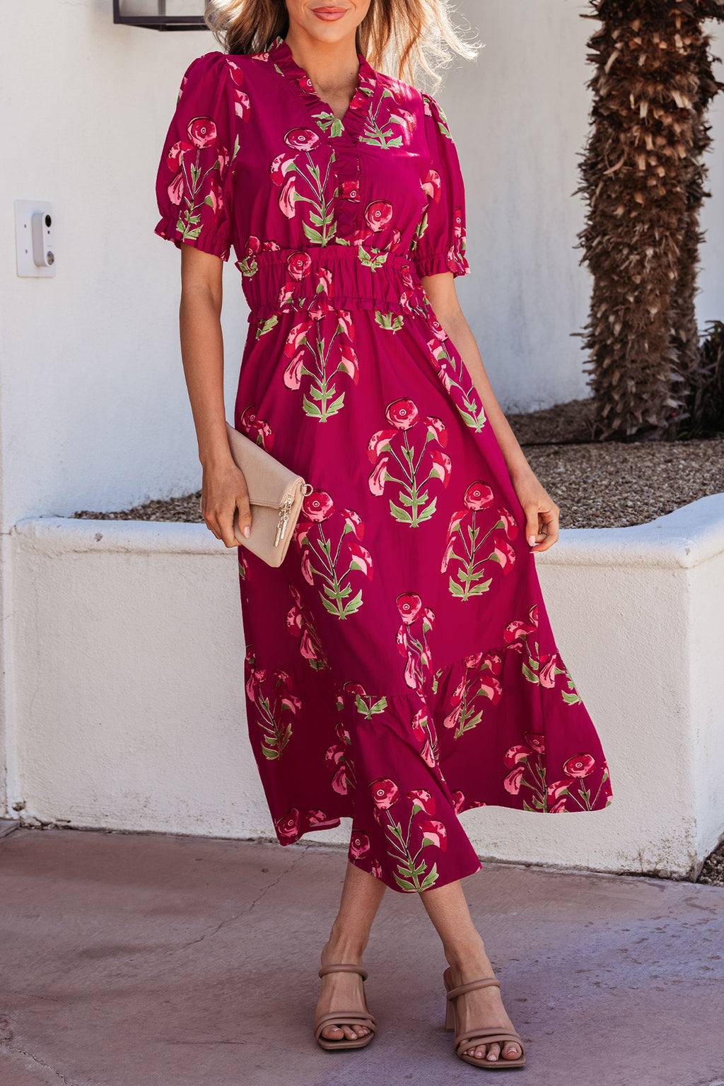 Floral Frilled V-Neck Ruffle Maxi Dress