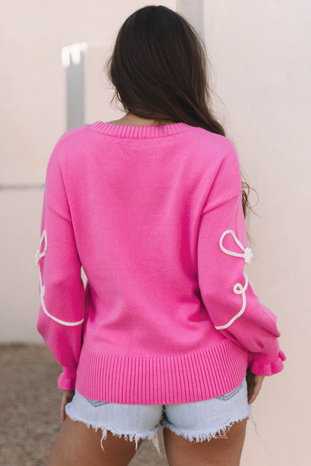 Valentine Bow Corded Embroidery Ruffle Cuff Sweater
