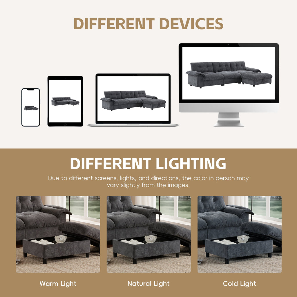 [VIDEO]104*60' Sectional Sofa, L-Shape with Multifunctional Armrest, Dual-Port Charging, Cup Holder, Side Storage Pockets, Movable Storage Ottoman, Unique Tufted Design, Soft Cushion, Chenille,3colors
