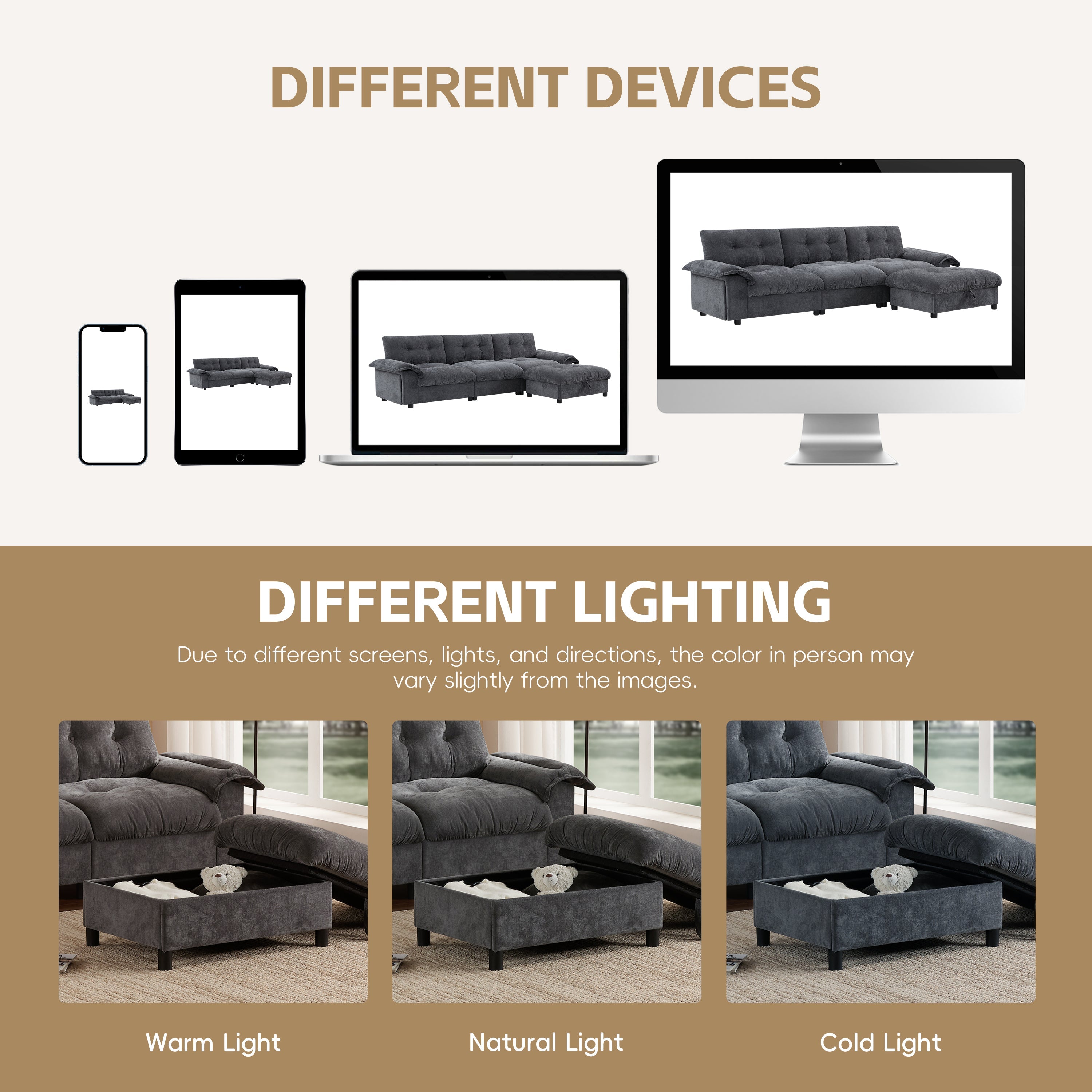 [VIDEO]104*60' Sectional Sofa, L-Shape with Multifunctional Armrest, Dual-Port Charging, Cup Holder, Side Storage Pockets, Movable Storage Ottoman, Unique Tufted Design, Soft Cushion, Chenille,3colors