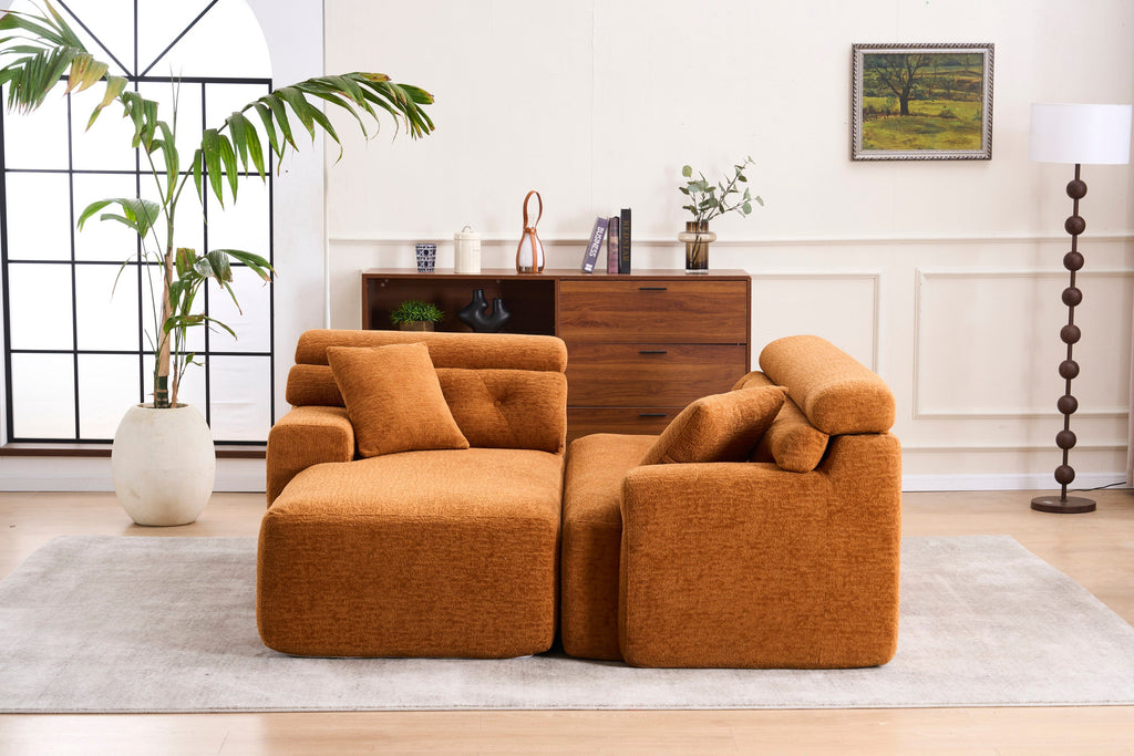 LY-029B Convertible Chaise Sectional Sofa, Full Compression Sponge Modular Couch for Apartment Living Room,Orange 3-Seater with Wood Grain Chenille, 2 Pillows Included, 86'L
