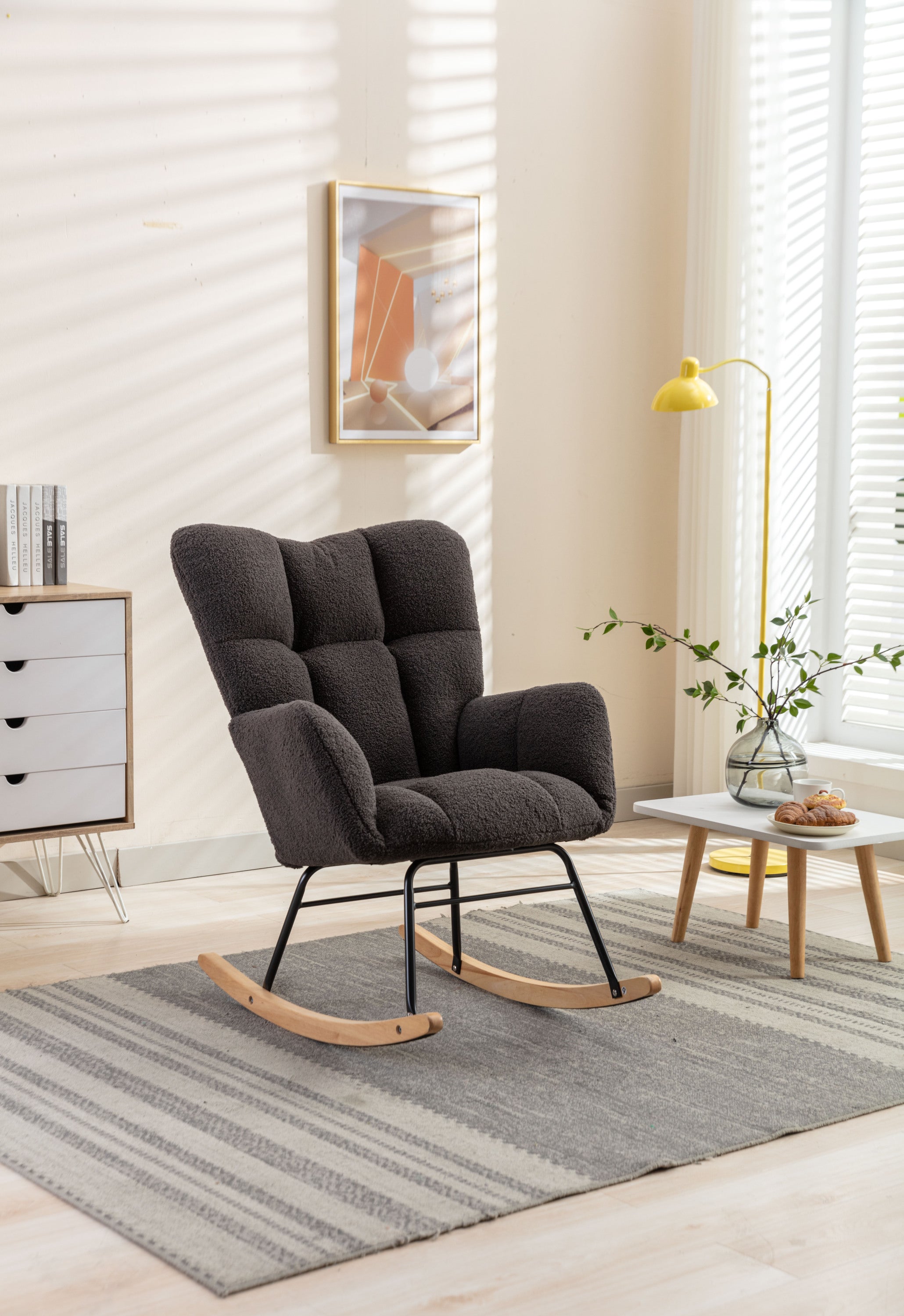 050-Teddy Fabric Rocking Gilder Nursery Chair For Living Room Indoor,Dark Gray