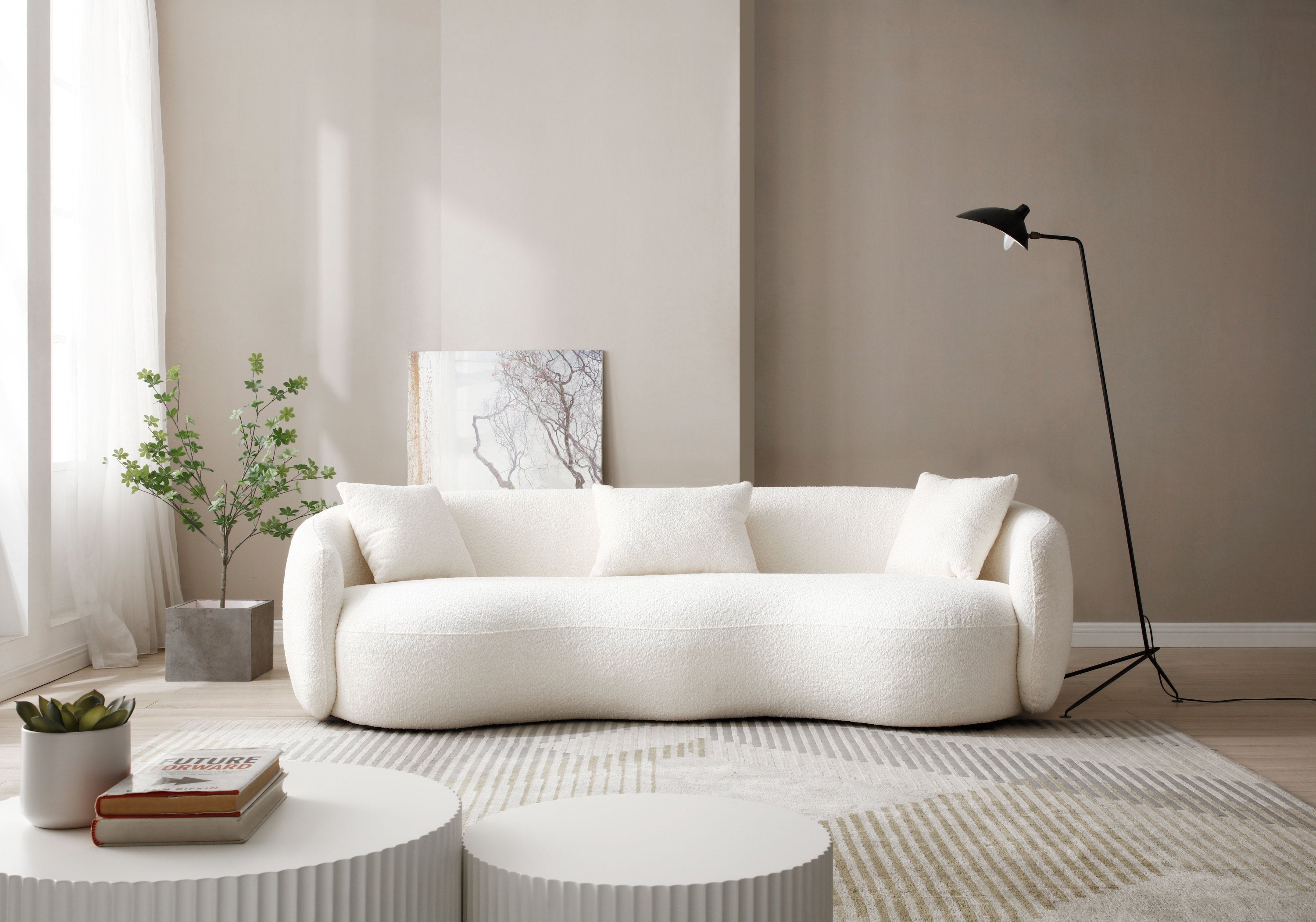 Mid Century Modern Curved Living Room Sofa, 4-Seat Boucle Fabric Couch for Bedroom, Office, Apartment, off white(beige and white)