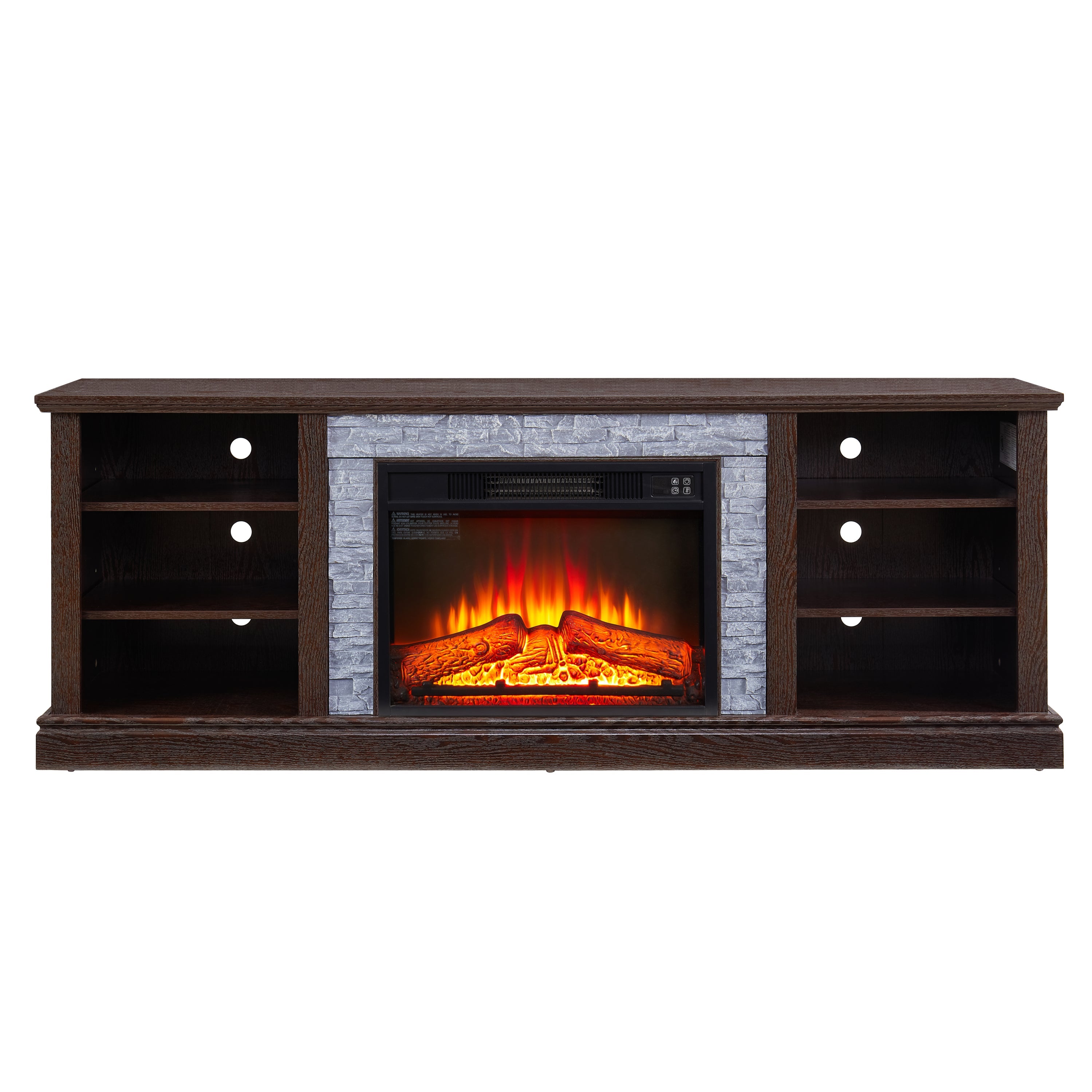 Large TV Desk Storage Rack with Faux Stacked Stone Surround,Media Console Table with Large Storage Cabinet,Modern  TV Media Stand with 23' Fireplace Insert,Cherry, 70.12'W*15.35'D*25.83'H