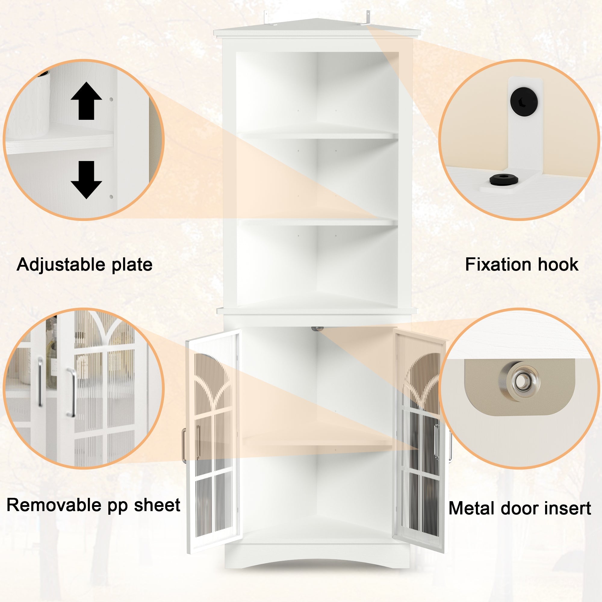 Corner Storage Cabinet, 63.3' Tall Freestanding Bookcase with  Doors & Adjustable Shelves, 5-Tier Corner Display Cabinet for Living Room, Office, Dining Room, White